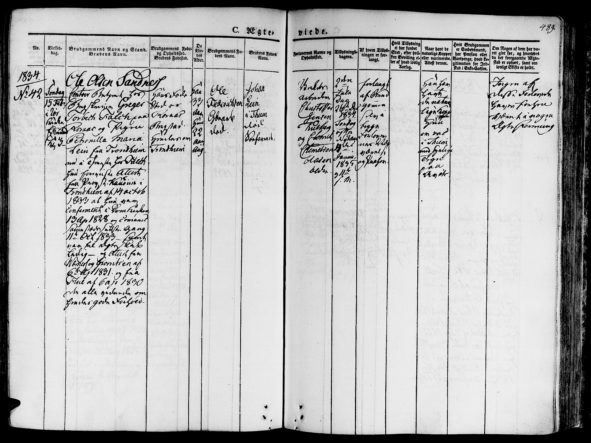 Ministerialprotokoller, klokkerbøker og fødselsregistre - Sør-Trøndelag, SAT/A-1456/681/L0930: Parish register (official) no. 681A08, 1829-1844, p. 489