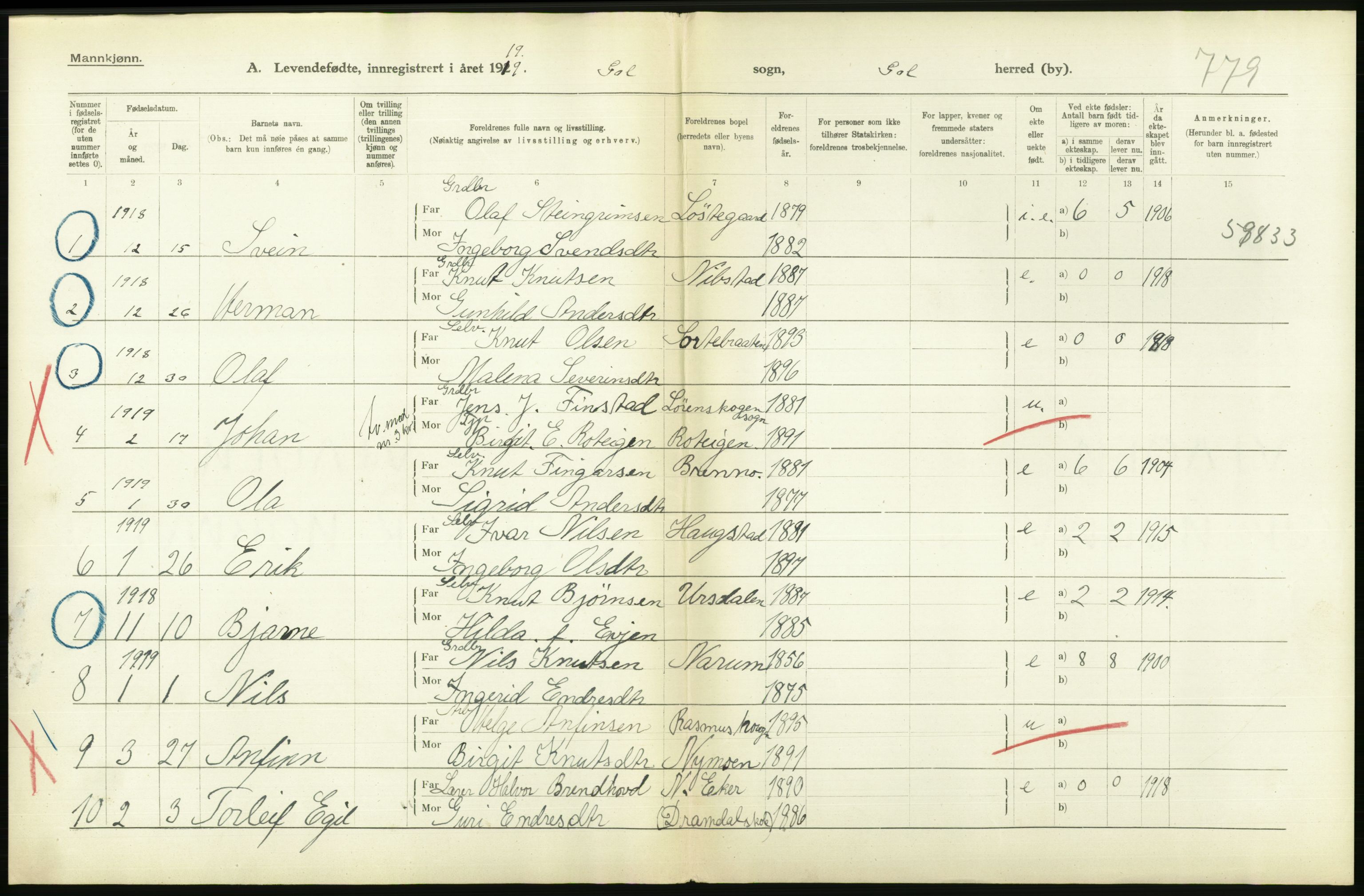 Statistisk sentralbyrå, Sosiodemografiske emner, Befolkning, AV/RA-S-2228/D/Df/Dfb/Dfbi/L0016: Buskerud fylke: Levendefødte menn og kvinner. Bygder., 1919, p. 486