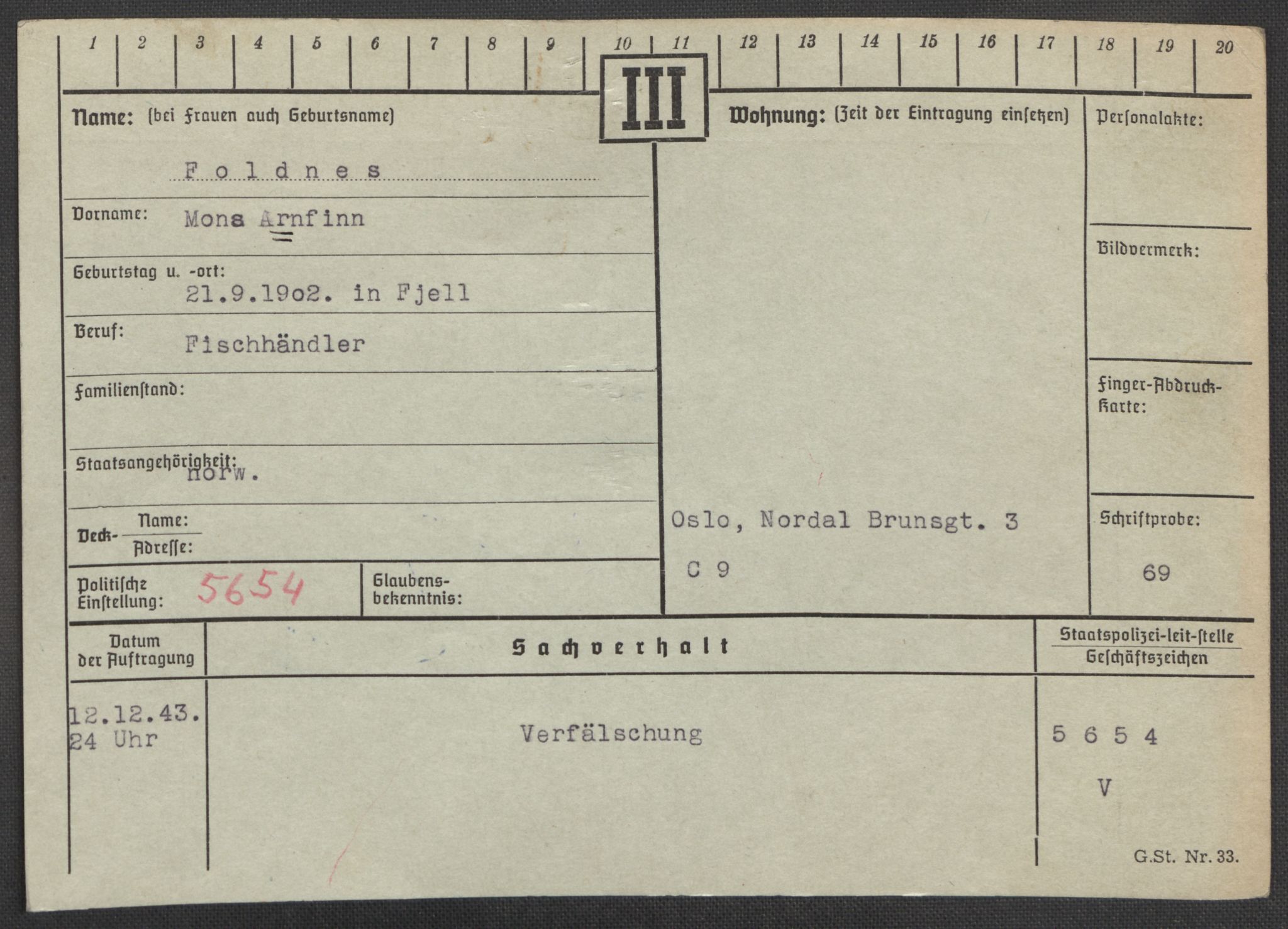 Befehlshaber der Sicherheitspolizei und des SD, AV/RA-RAFA-5969/E/Ea/Eaa/L0003: Register over norske fanger i Møllergata 19: Eng-Hag, 1940-1945, p. 438