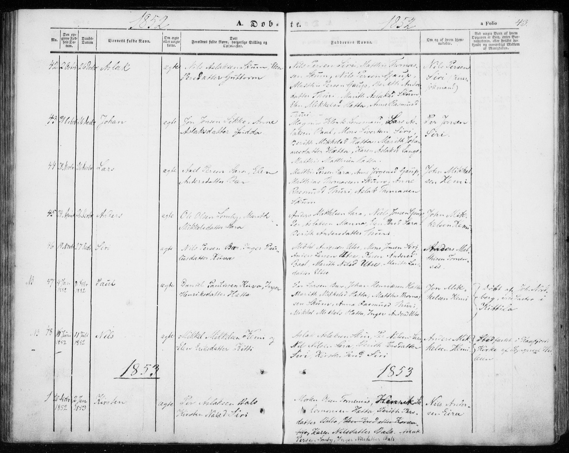 Kautokeino sokneprestembete, SATØ/S-1340/H/Ha/L0002.kirke: Parish register (official) no. 2, 1843-1861, p. 43