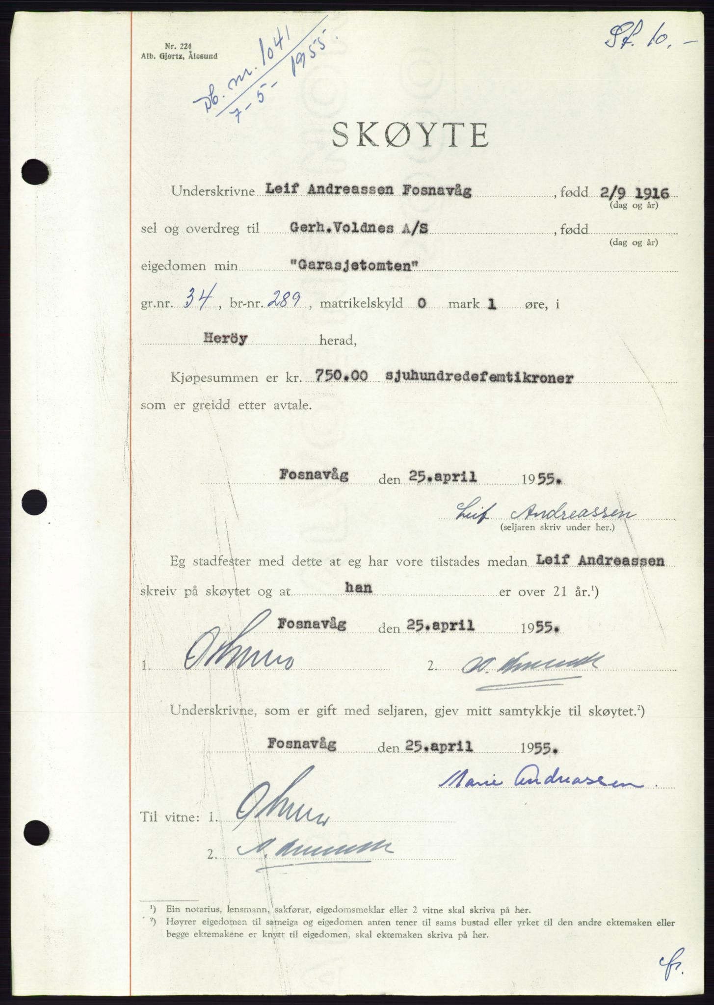 Søre Sunnmøre sorenskriveri, AV/SAT-A-4122/1/2/2C/L0100: Mortgage book no. 26A, 1954-1955, Diary no: : 1041/1955