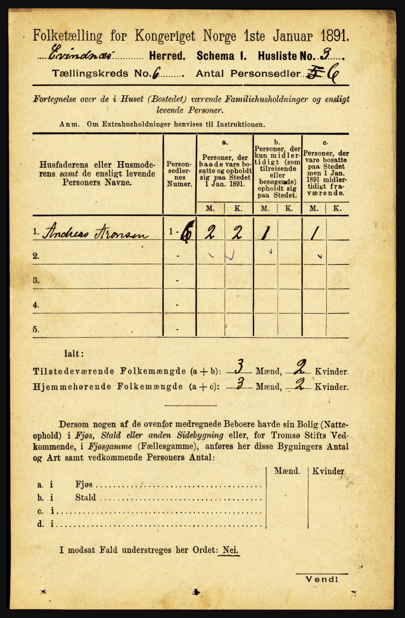 RA, 1891 census for 1853 Evenes, 1891, p. 1887