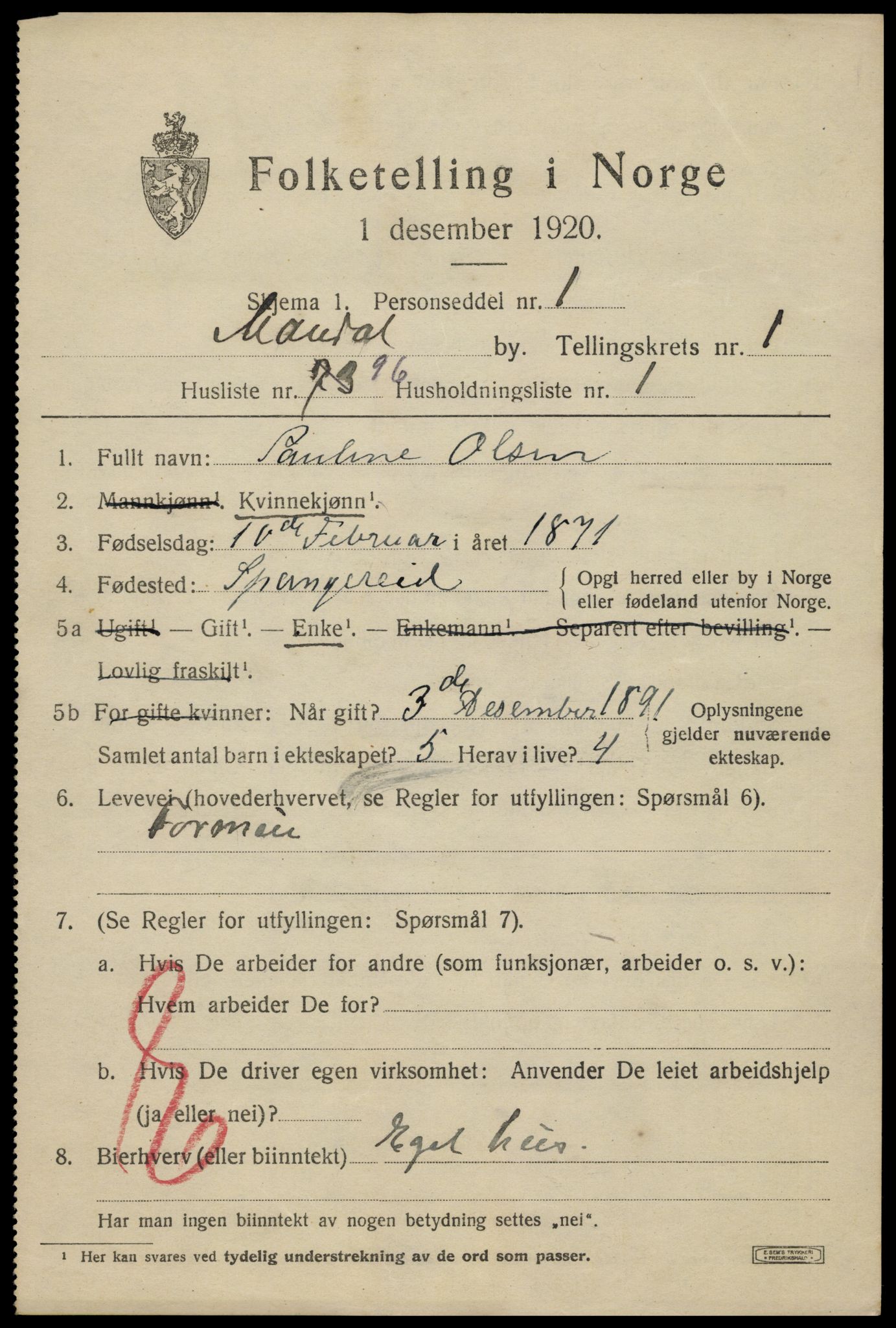 SAK, 1920 census for Mandal, 1920, p. 4195