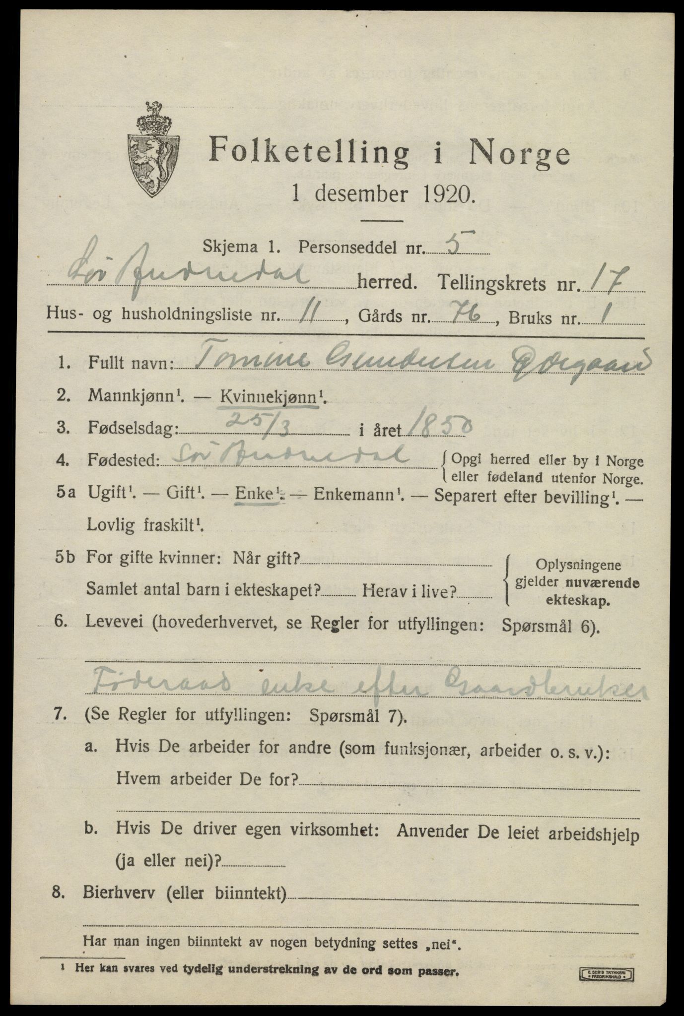 SAK, 1920 census for Sør-Audnedal, 1920, p. 6399