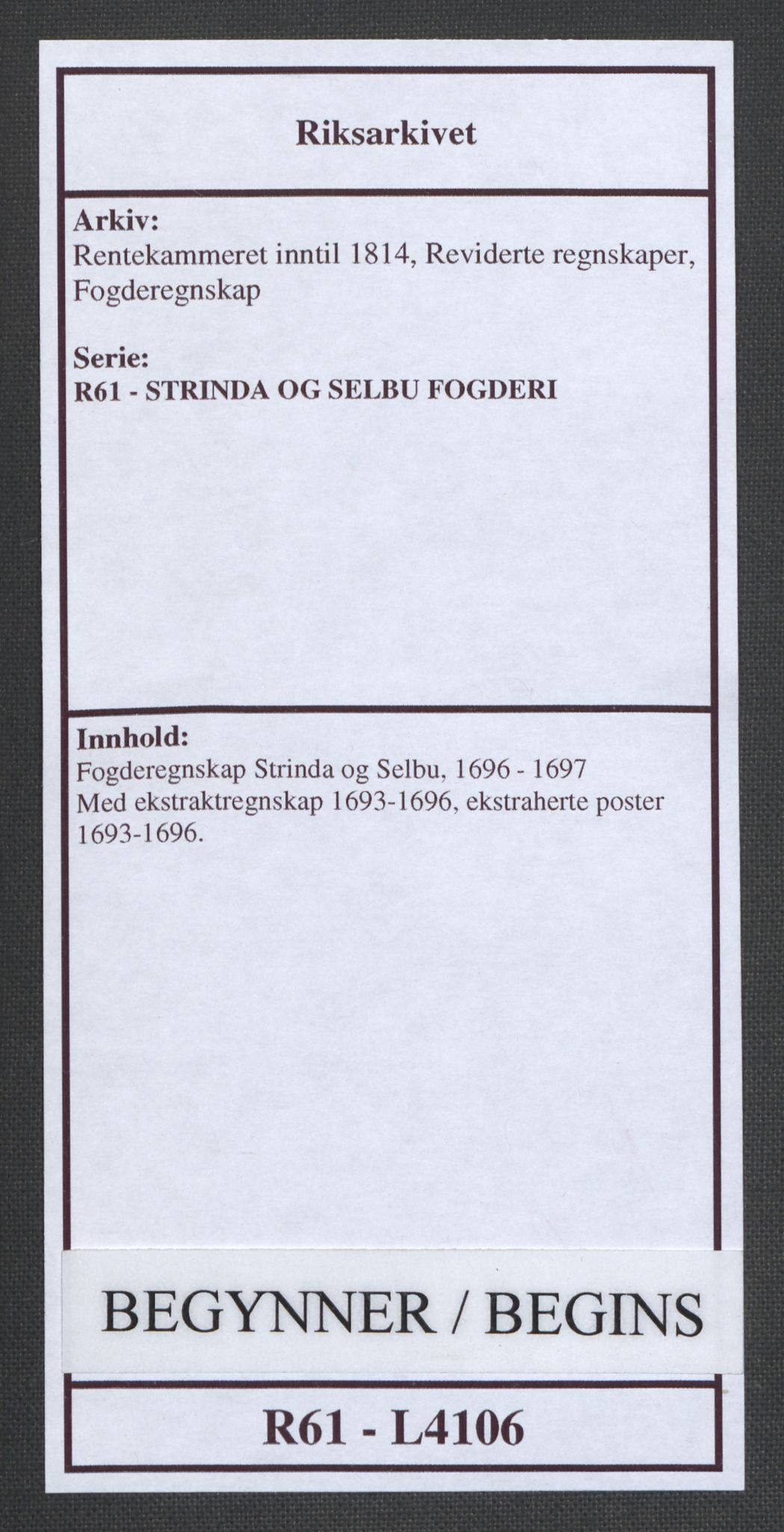 Rentekammeret inntil 1814, Reviderte regnskaper, Fogderegnskap, AV/RA-EA-4092/R61/L4106: Fogderegnskap Strinda og Selbu, 1696-1697, p. 1