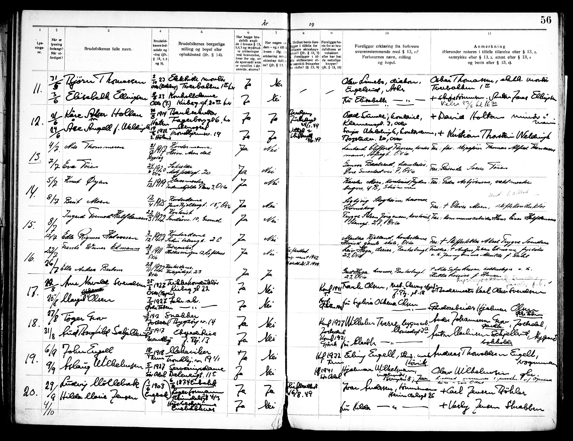Tøyen prestekontor Kirkebøker, AV/SAO-A-10167a/H/Ha/L0002: Banns register no. 2, 1937-1962, p. 56