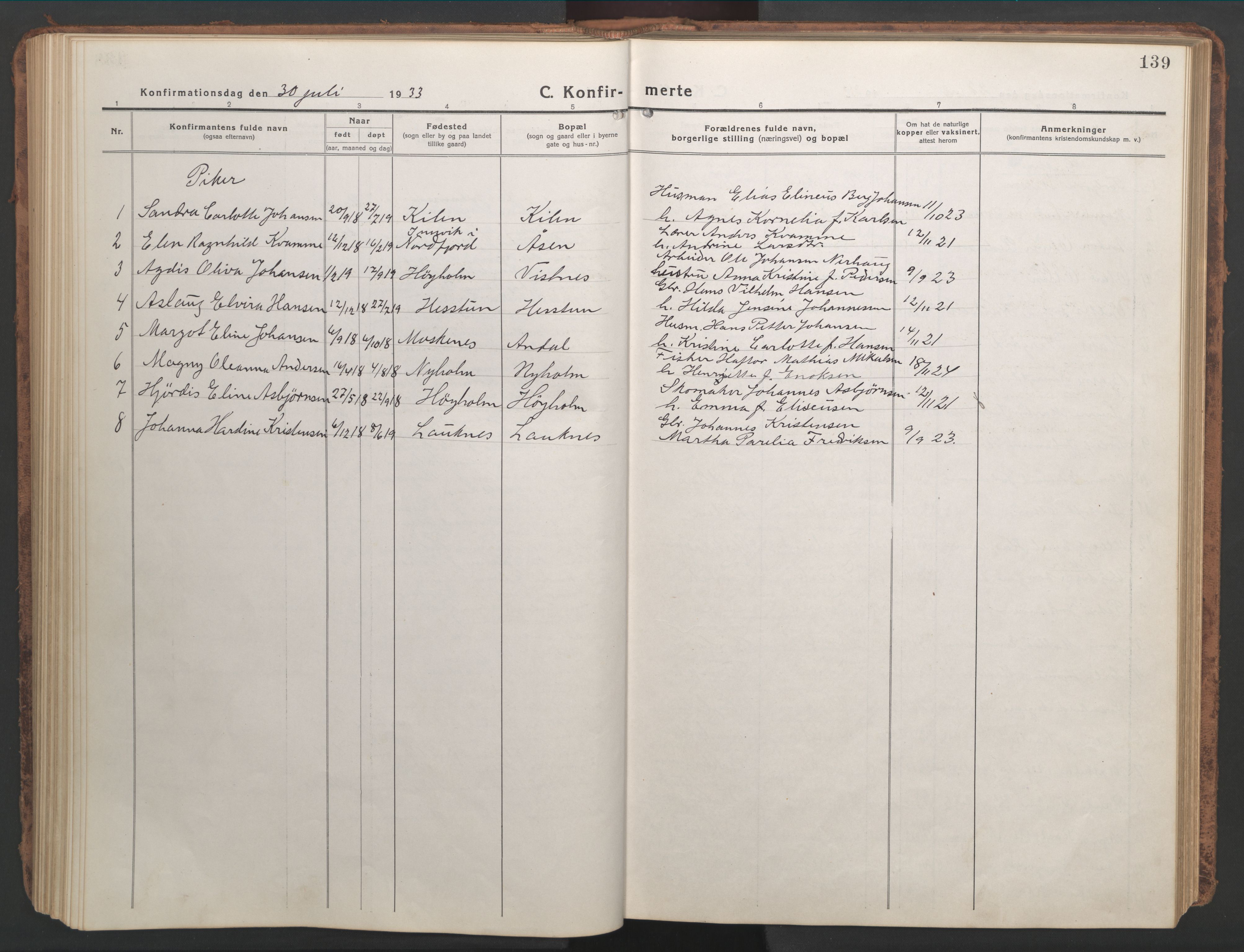 Ministerialprotokoller, klokkerbøker og fødselsregistre - Nordland, AV/SAT-A-1459/819/L0278: Parish register (copy) no. 819C04, 1917-1967, p. 139