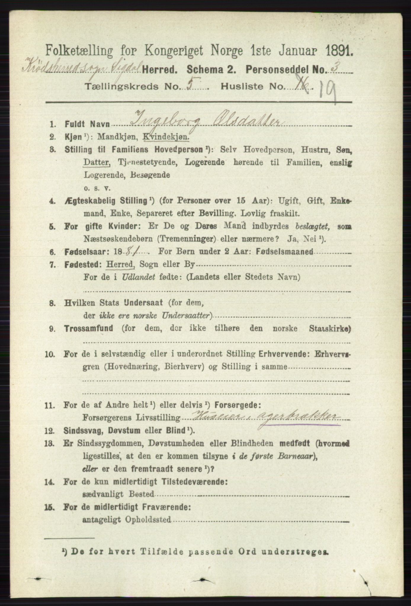 RA, 1891 census for 0621 Sigdal, 1891, p. 6422