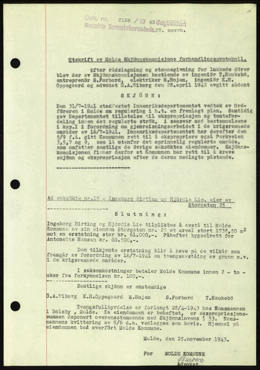 Romsdal sorenskriveri, SAT/A-4149/1/2/2C: Mortgage book no. A15, 1943-1944, Diary no: : 2156/1943