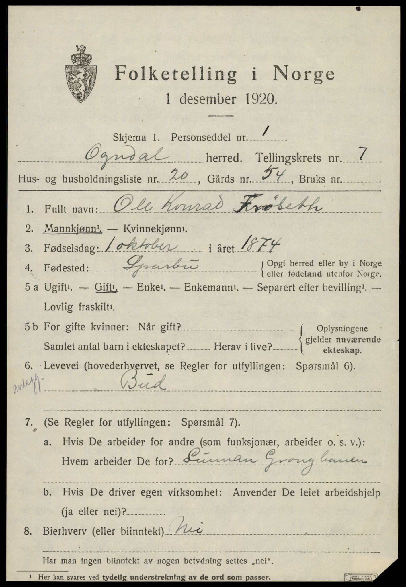 SAT, 1920 census for Ogndal, 1920, p. 2951