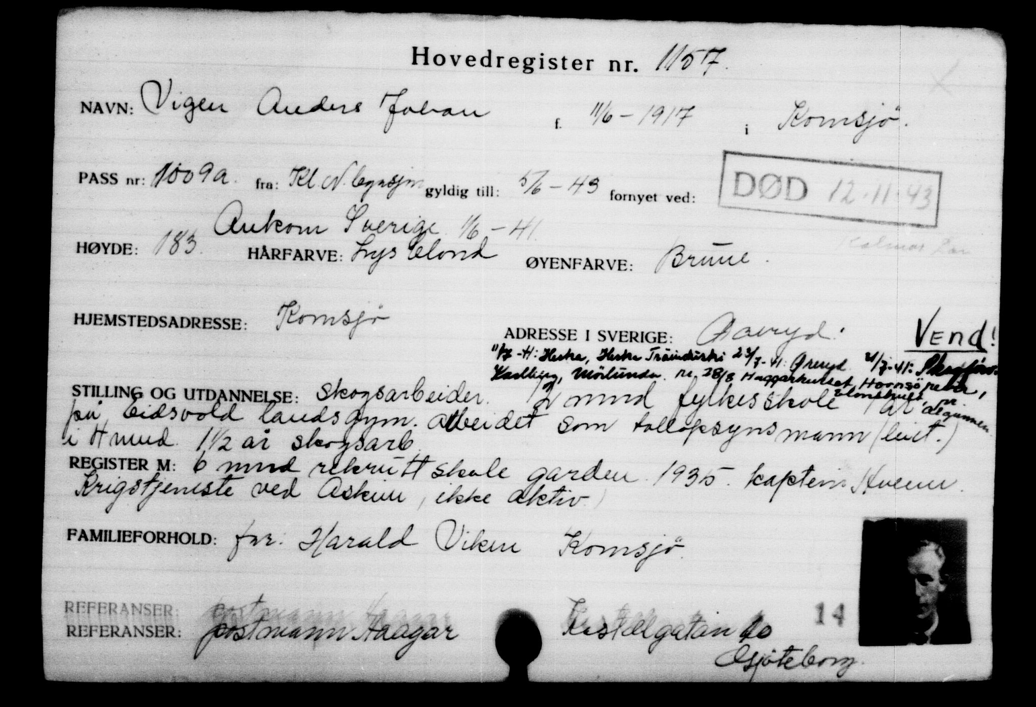Utenriksstasjonene, Legasjonen i Stockholm, Flyktningkontoret, AV/RA-S-6753/V/Va/L0002: Kjesäterkartoteket, flyktninger med registreringsnr. 1001-2000, 1940-1945, p. 244