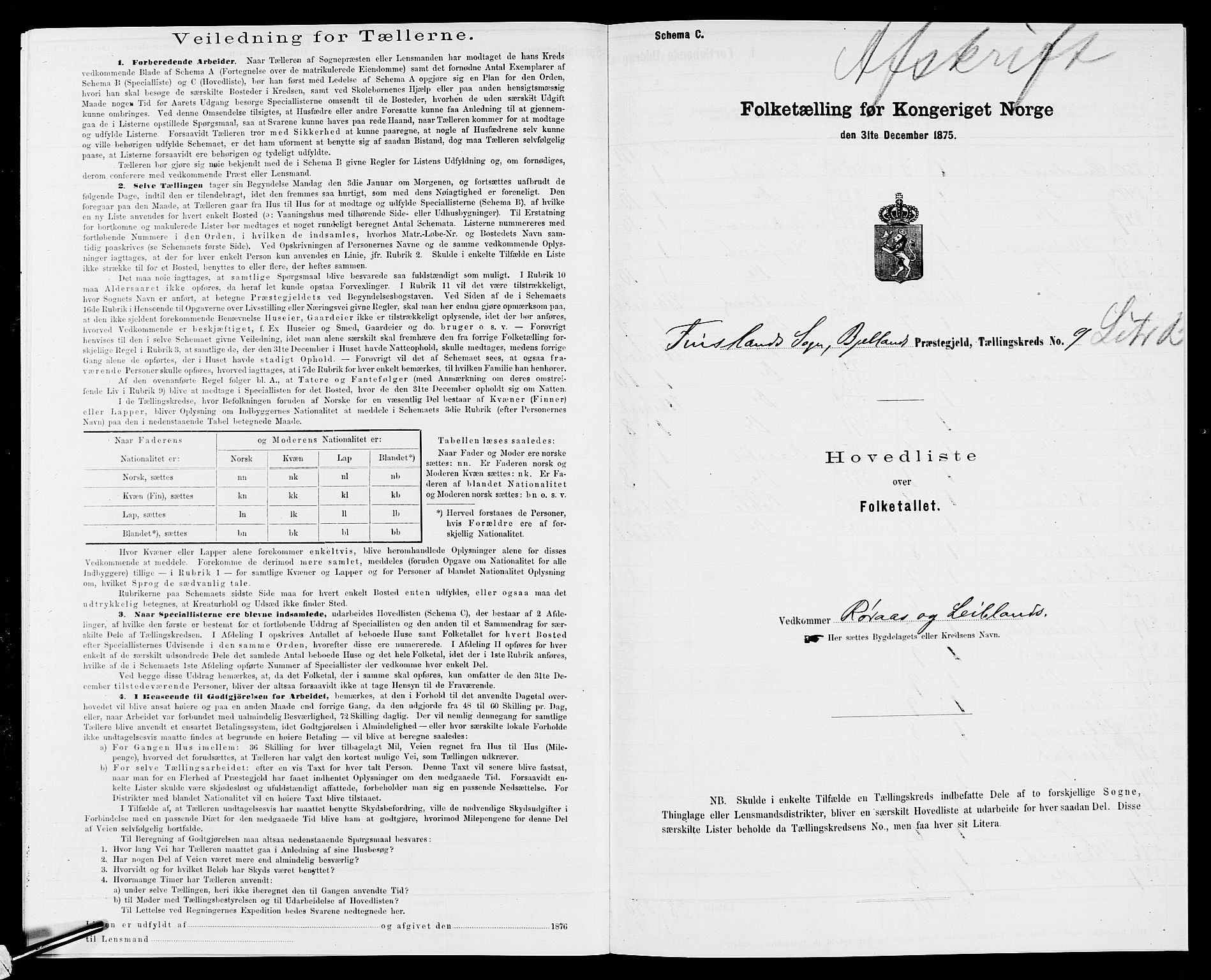 SAK, 1875 census for 1024P Bjelland, 1875, p. 750