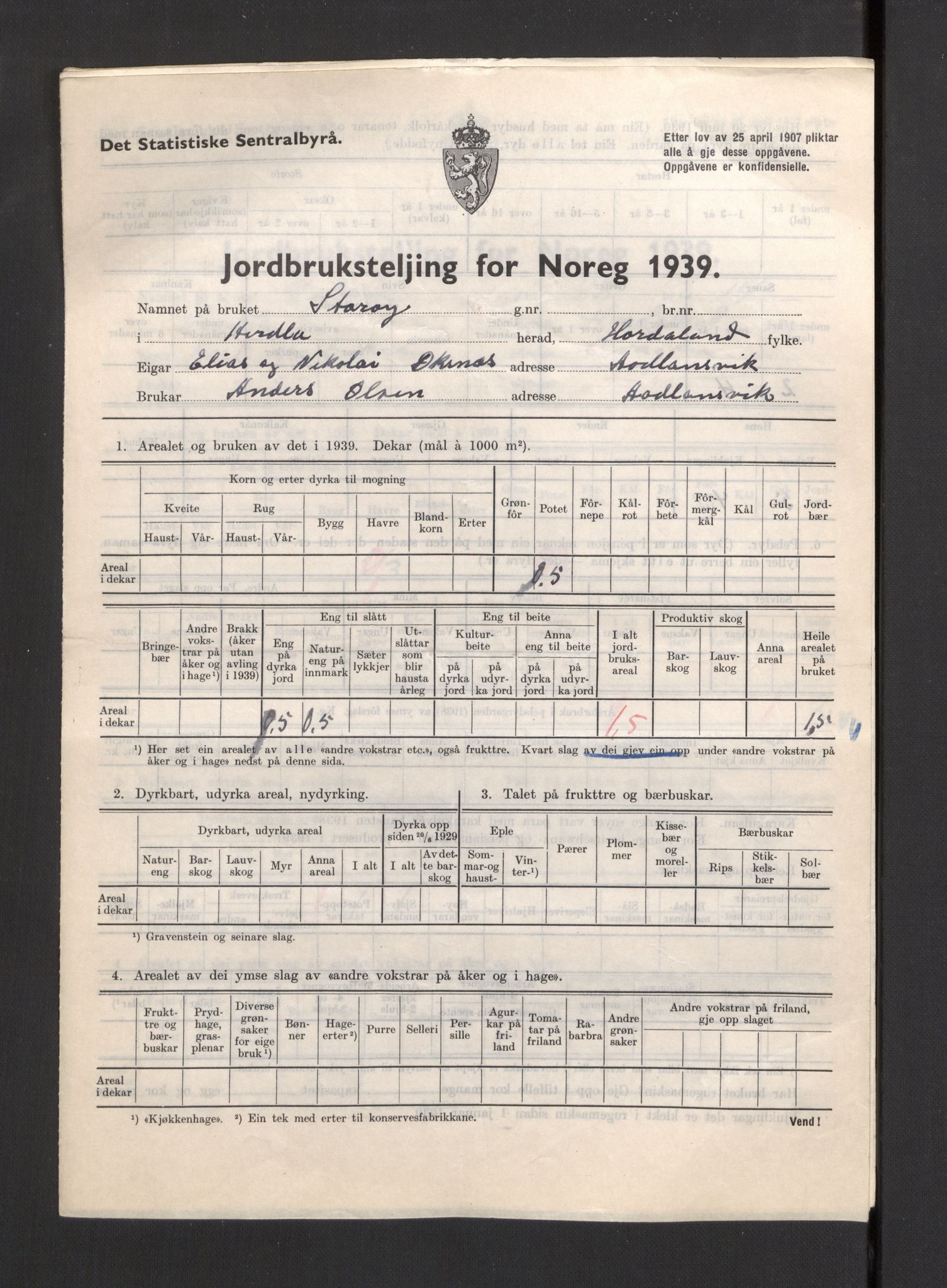 Statistisk sentralbyrå, Næringsøkonomiske emner, Jordbruk, skogbruk, jakt, fiske og fangst, AV/RA-S-2234/G/Gb/L0211: Hordaland: Herdla, Hjelme og Manger, 1939, p. 109