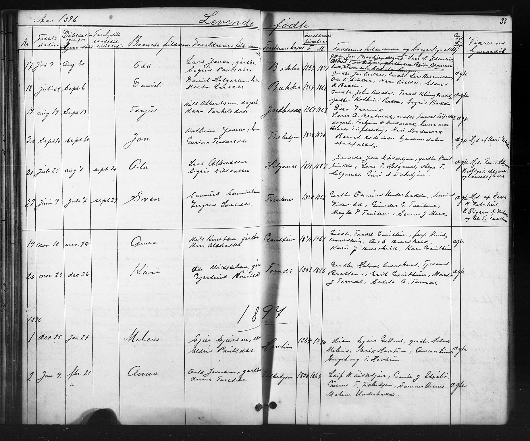 Suldal sokneprestkontor, SAST/A-101845/01/V/L0005: Parish register (copy) no. B 5, 1885-1916, p. 38