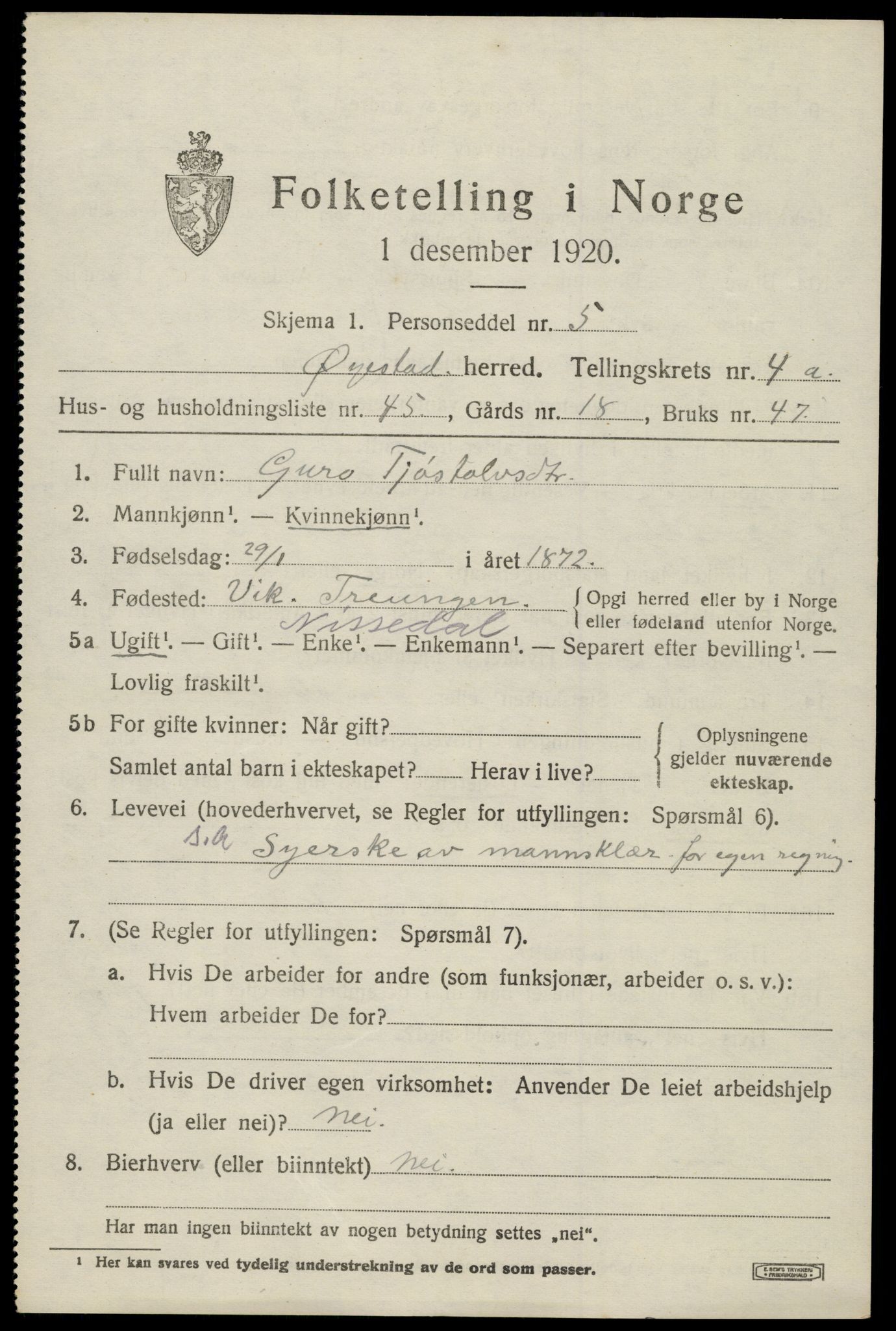 SAK, 1920 census for Øyestad, 1920, p. 3620
