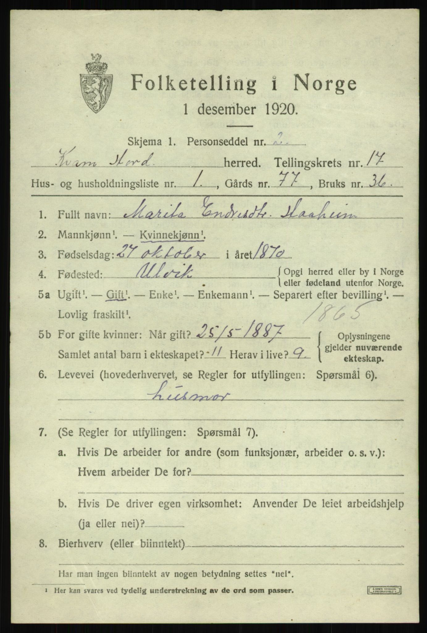 SAB, 1920 census for Kvam, 1920, p. 9201