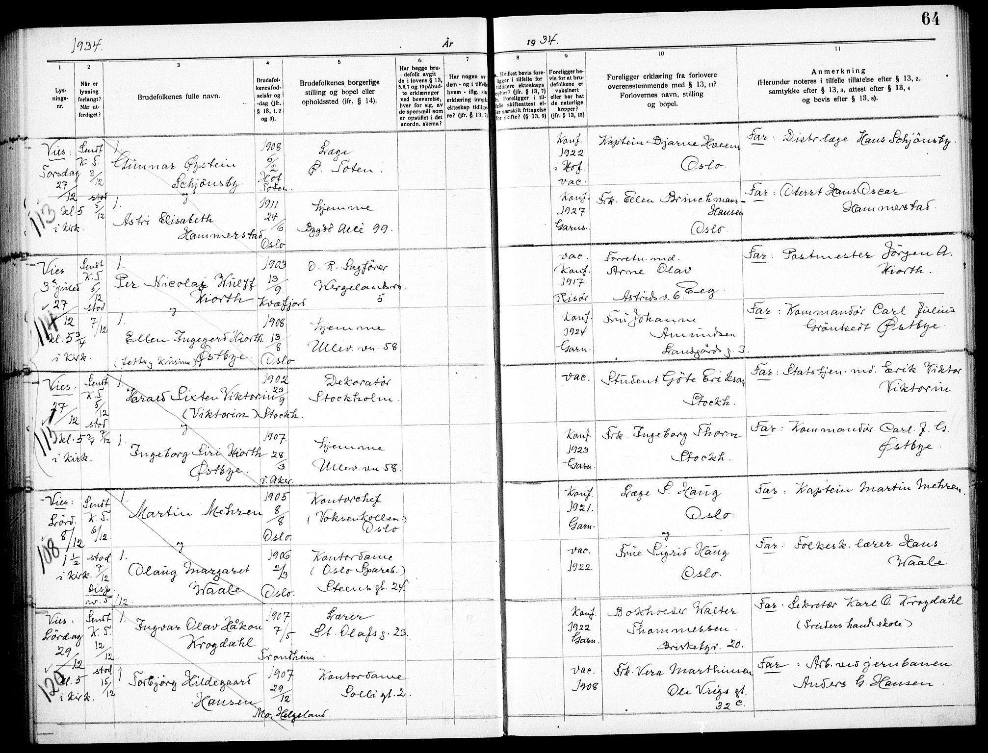 Garnisonsmenigheten Kirkebøker, AV/SAO-A-10846/H/Ha/L0011: Banns register no. I 11, 1932-1936, p. 64