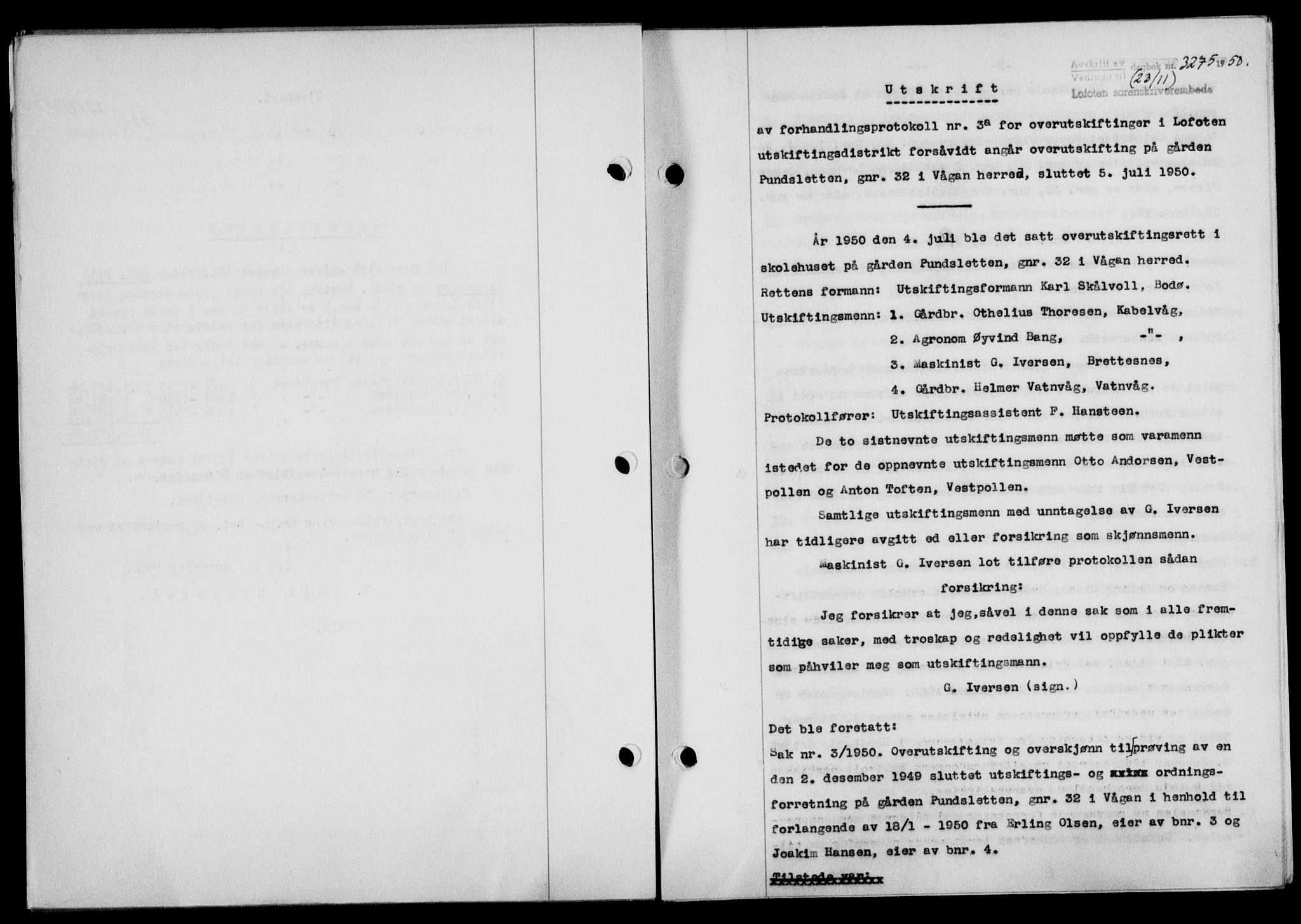 Lofoten sorenskriveri, SAT/A-0017/1/2/2C/L0025a: Mortgage book no. 25a, 1950-1951, Diary no: : 3275/1950