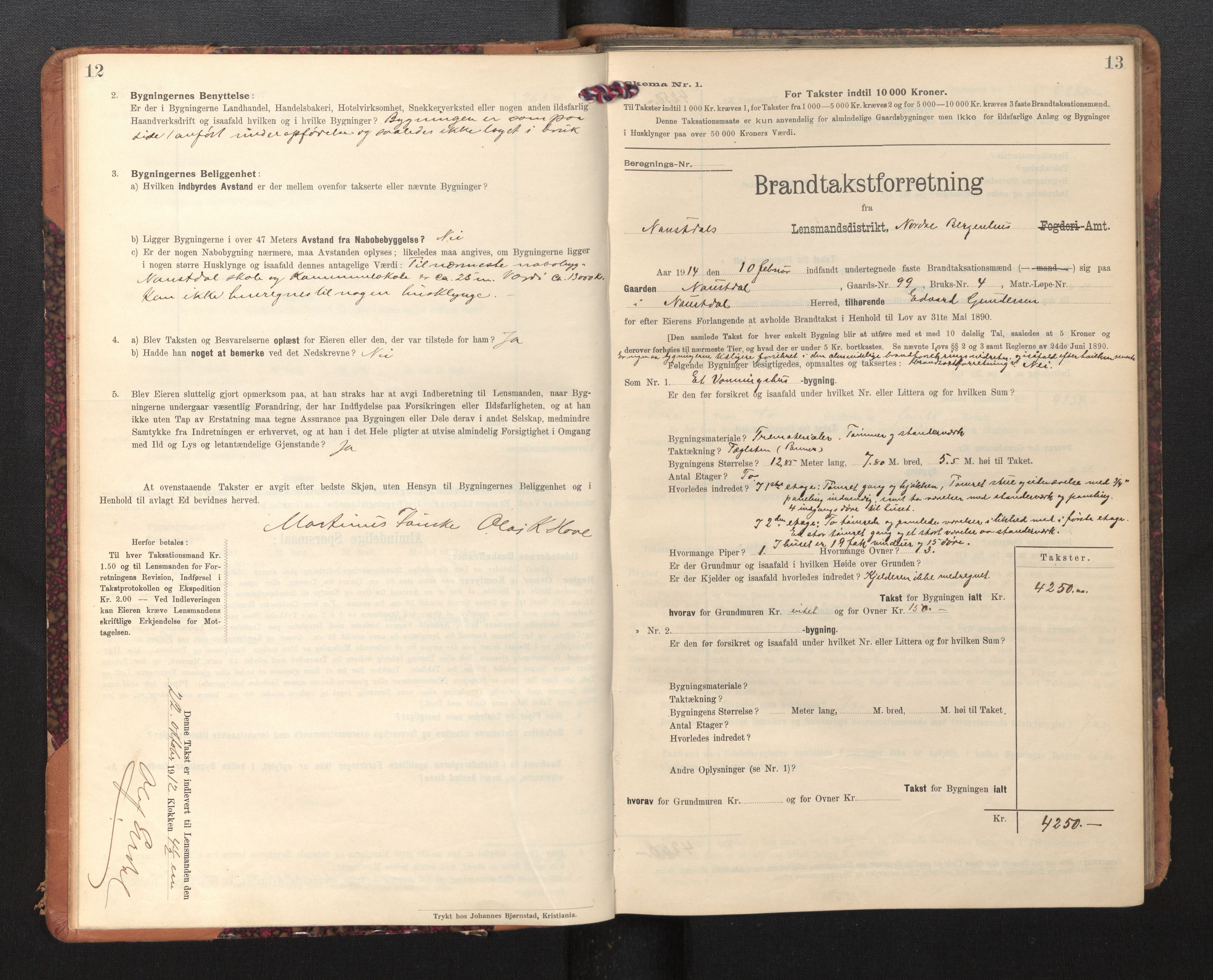 Lensmannen i Naustdal, SAB/A-29501/0012/L0002: Branntakstprotokoll, skjematakst, 1911-1953, p. 12-13