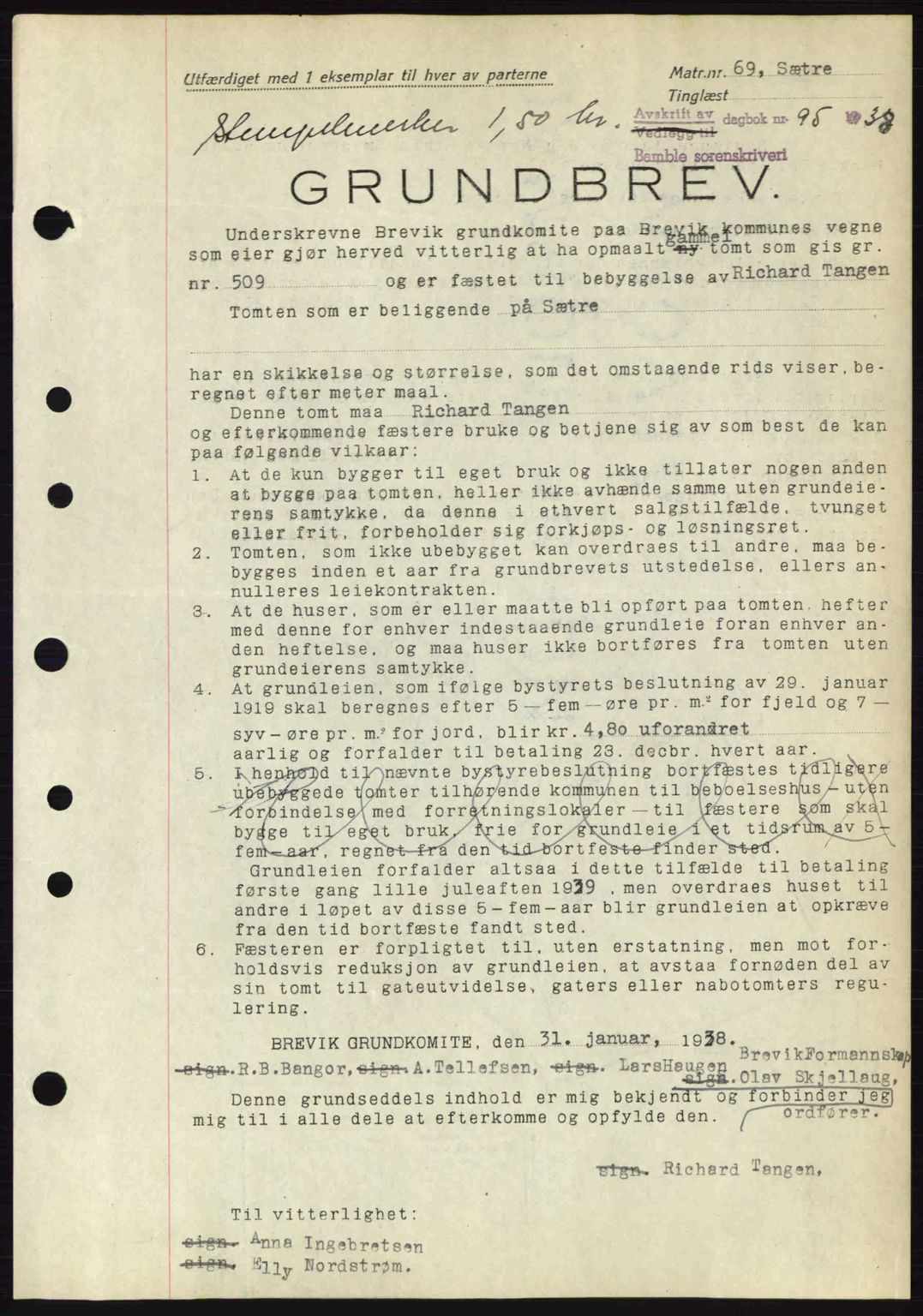 Bamble sorenskriveri, AV/SAKO-A-214/G/Ga/Gag/L0002: Mortgage book no. A-2, 1937-1938, Diary no: : 95/1938