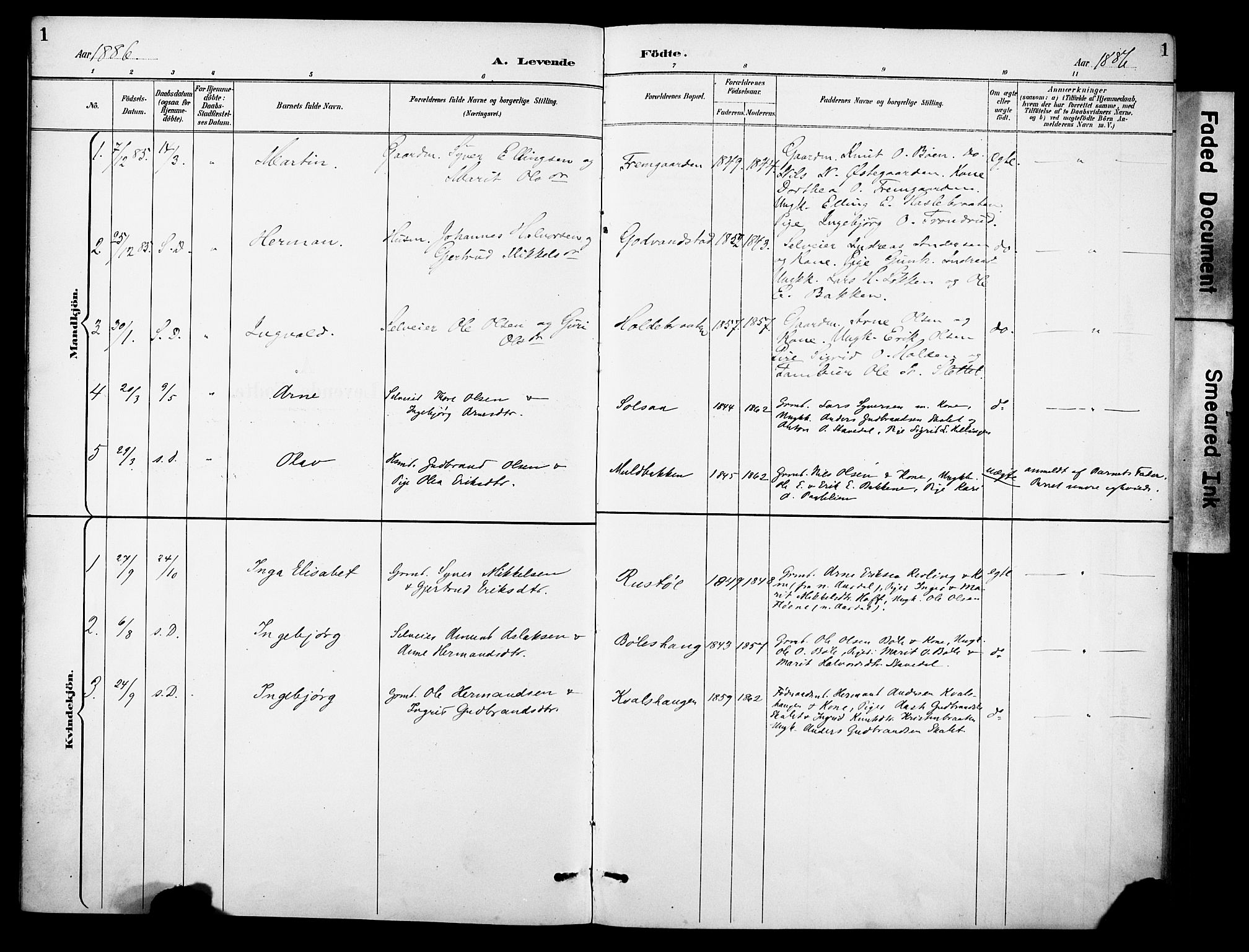 Sør-Aurdal prestekontor, SAH/PREST-128/H/Ha/Haa/L0010: Parish register (official) no. 10, 1886-1906, p. 1