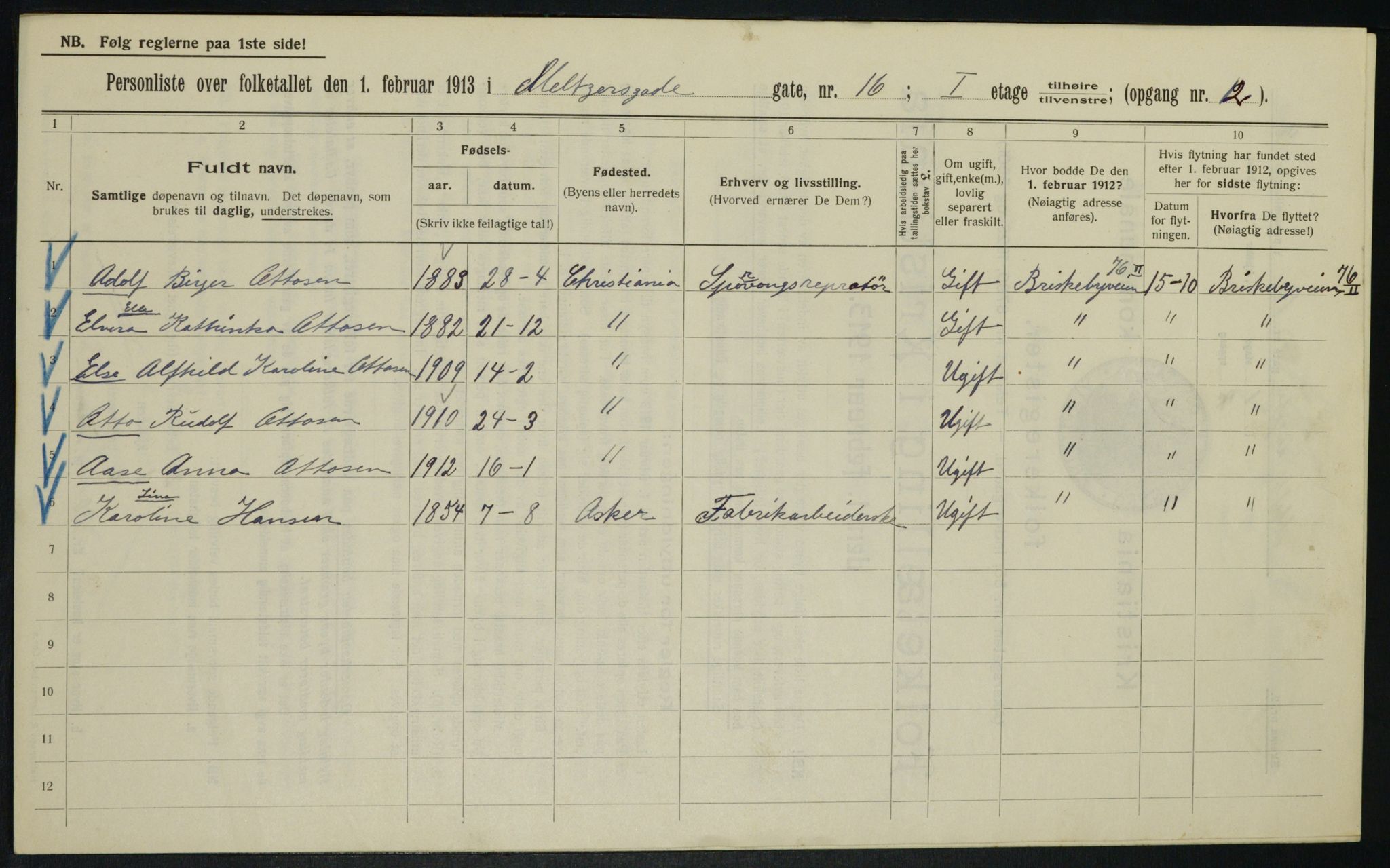 OBA, Municipal Census 1913 for Kristiania, 1913, p. 65223