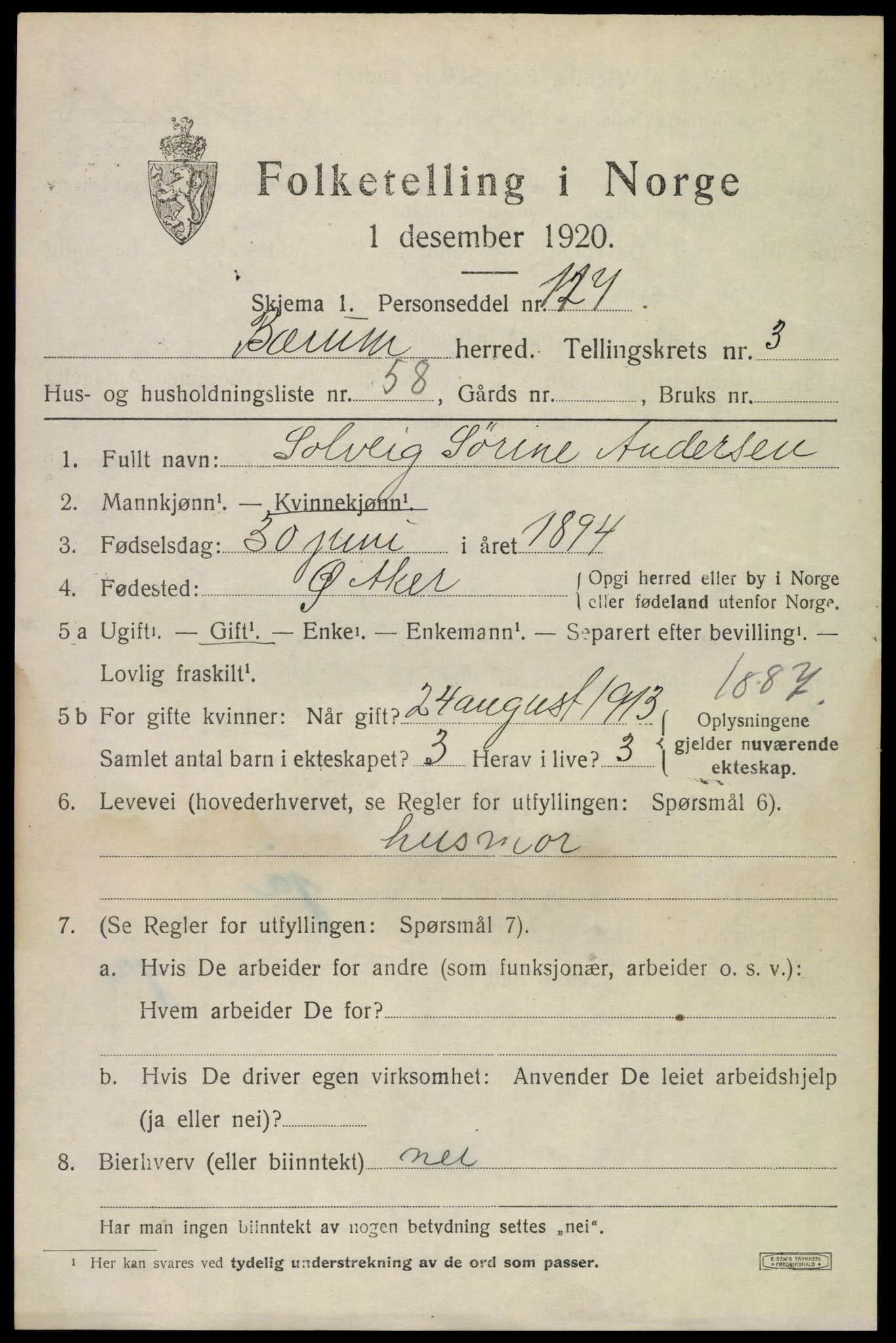 SAO, 1920 census for Bærum, 1920, p. 8218