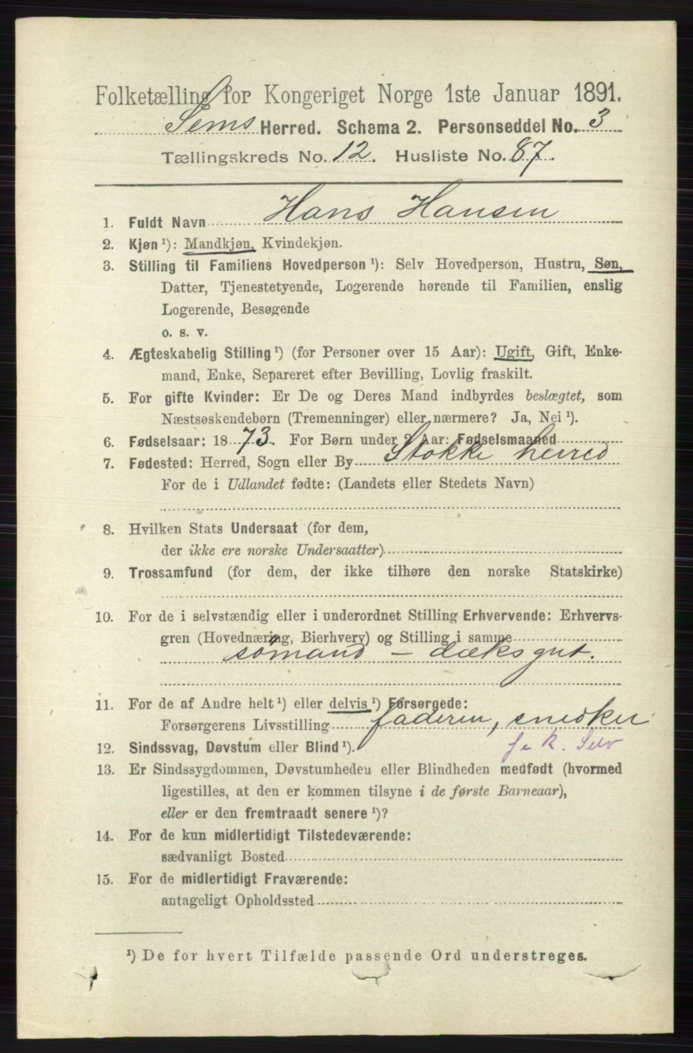 RA, 1891 census for 0721 Sem, 1891, p. 6307