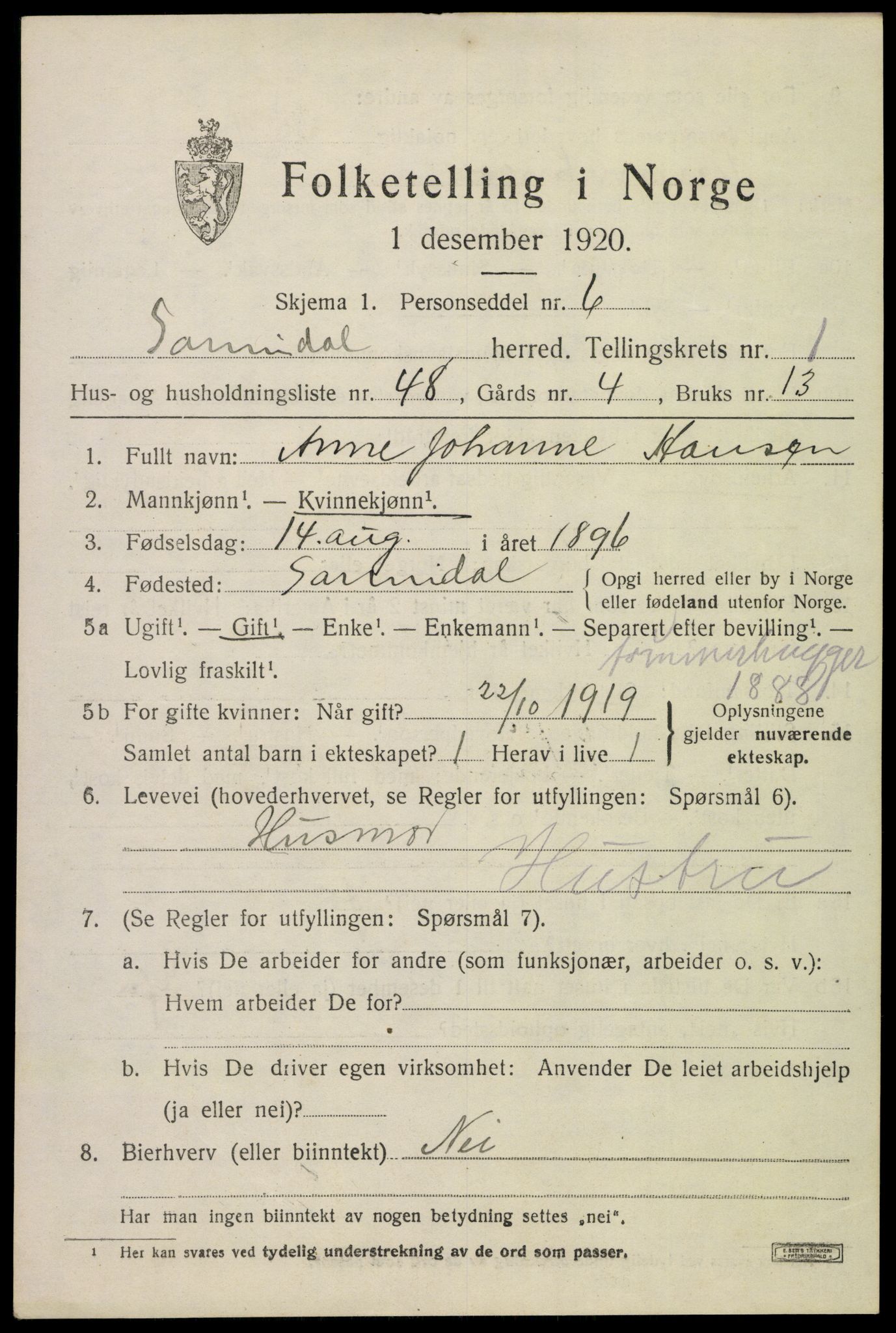 SAKO, 1920 census for Sannidal, 1920, p. 1611