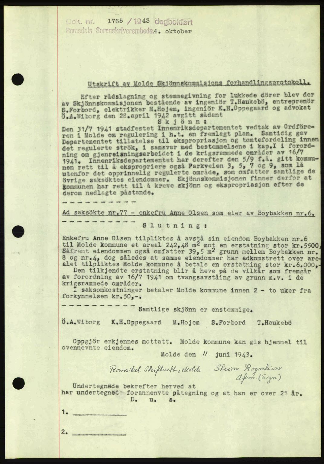 Romsdal sorenskriveri, AV/SAT-A-4149/1/2/2C: Mortgage book no. A15, 1943-1944, Diary no: : 1765/1943