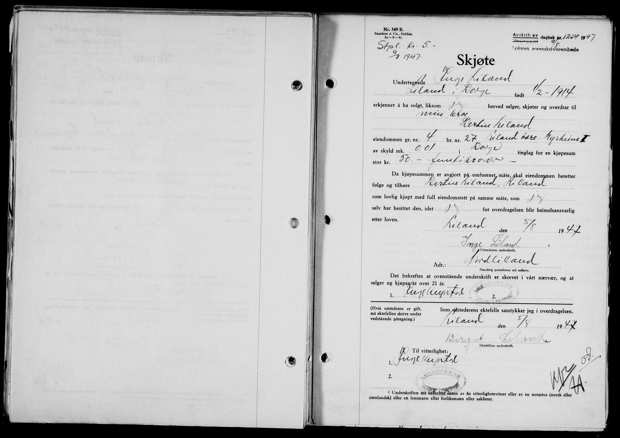 Lofoten sorenskriveri, SAT/A-0017/1/2/2C/L0016a: Mortgage book no. 16a, 1947-1947, Diary no: : 1254/1947