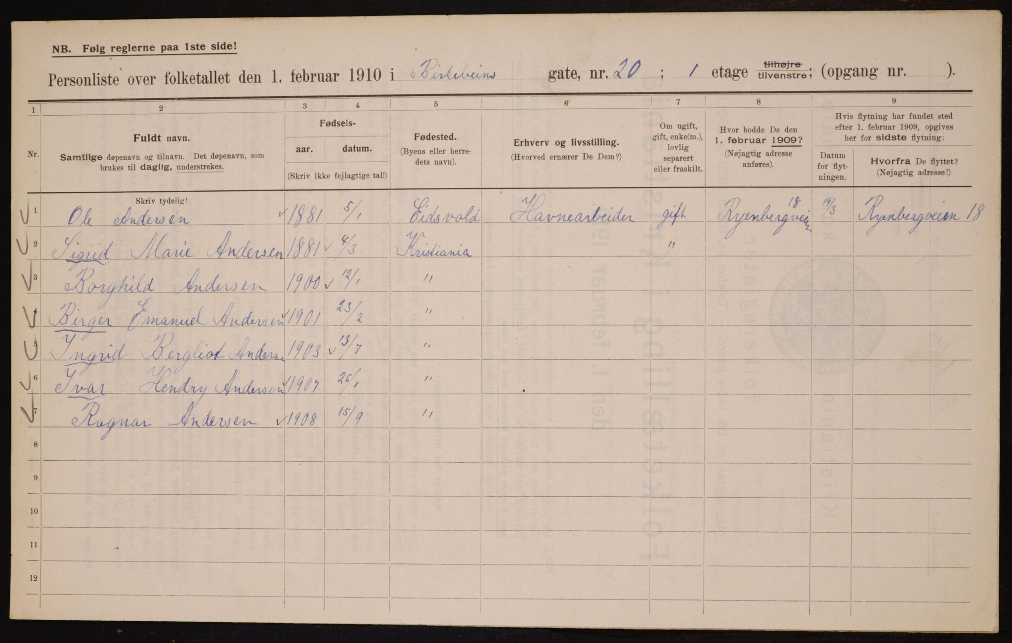 OBA, Municipal Census 1910 for Kristiania, 1910, p. 4818