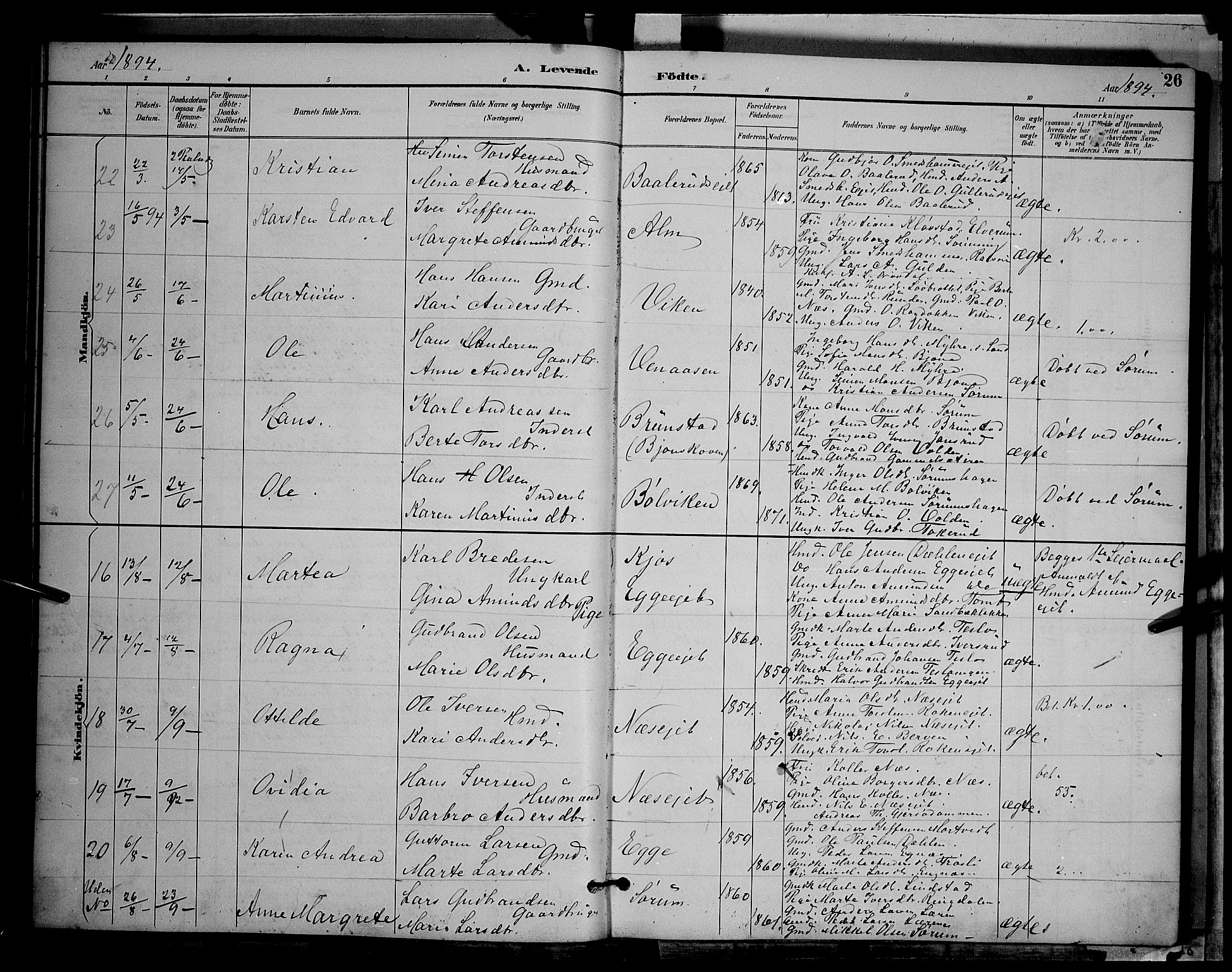 Gran prestekontor, AV/SAH-PREST-112/H/Ha/Hab/L0004: Parish register (copy) no. 4, 1890-1899, p. 26