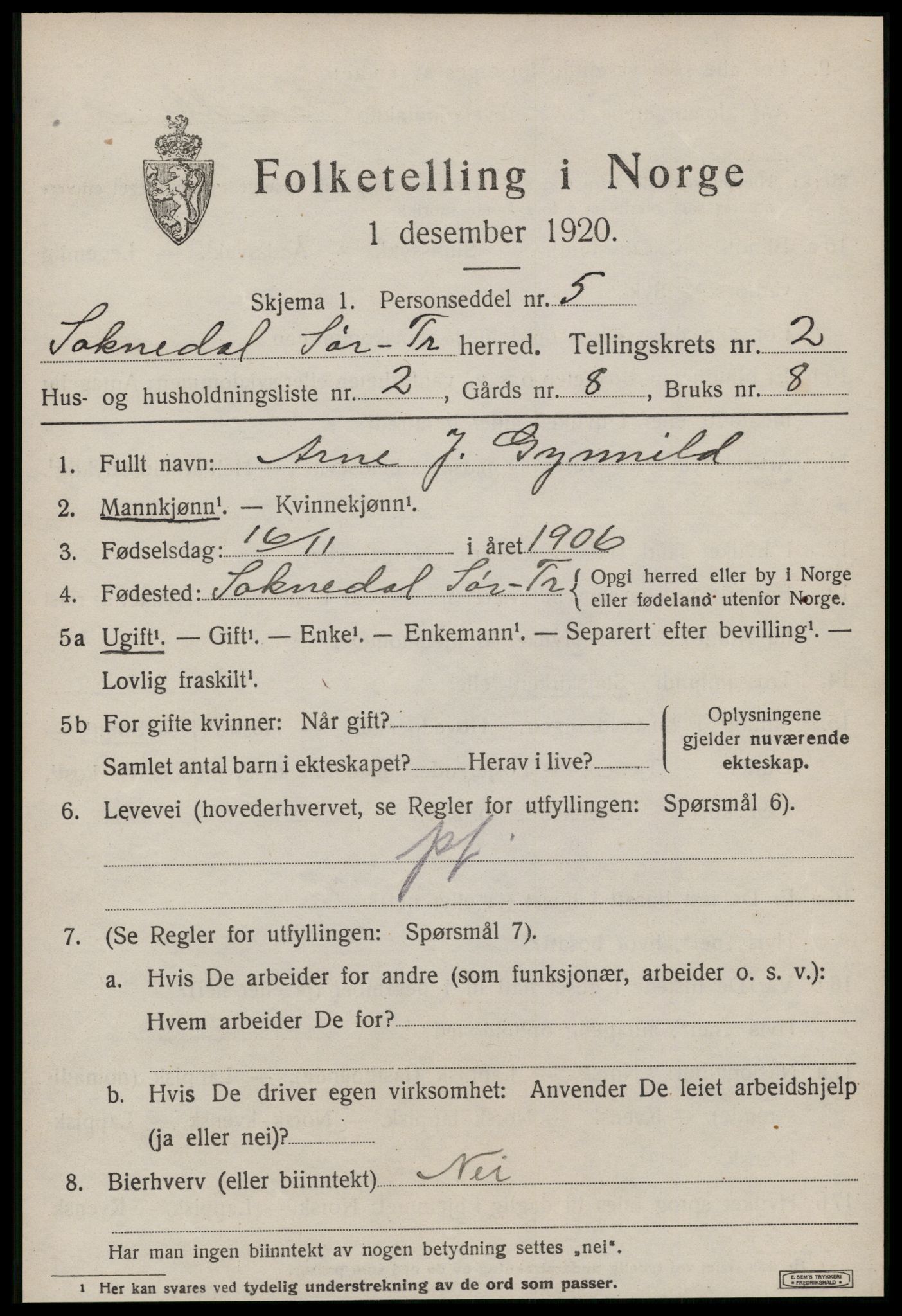 SAT, 1920 census for Soknedal, 1920, p. 1238