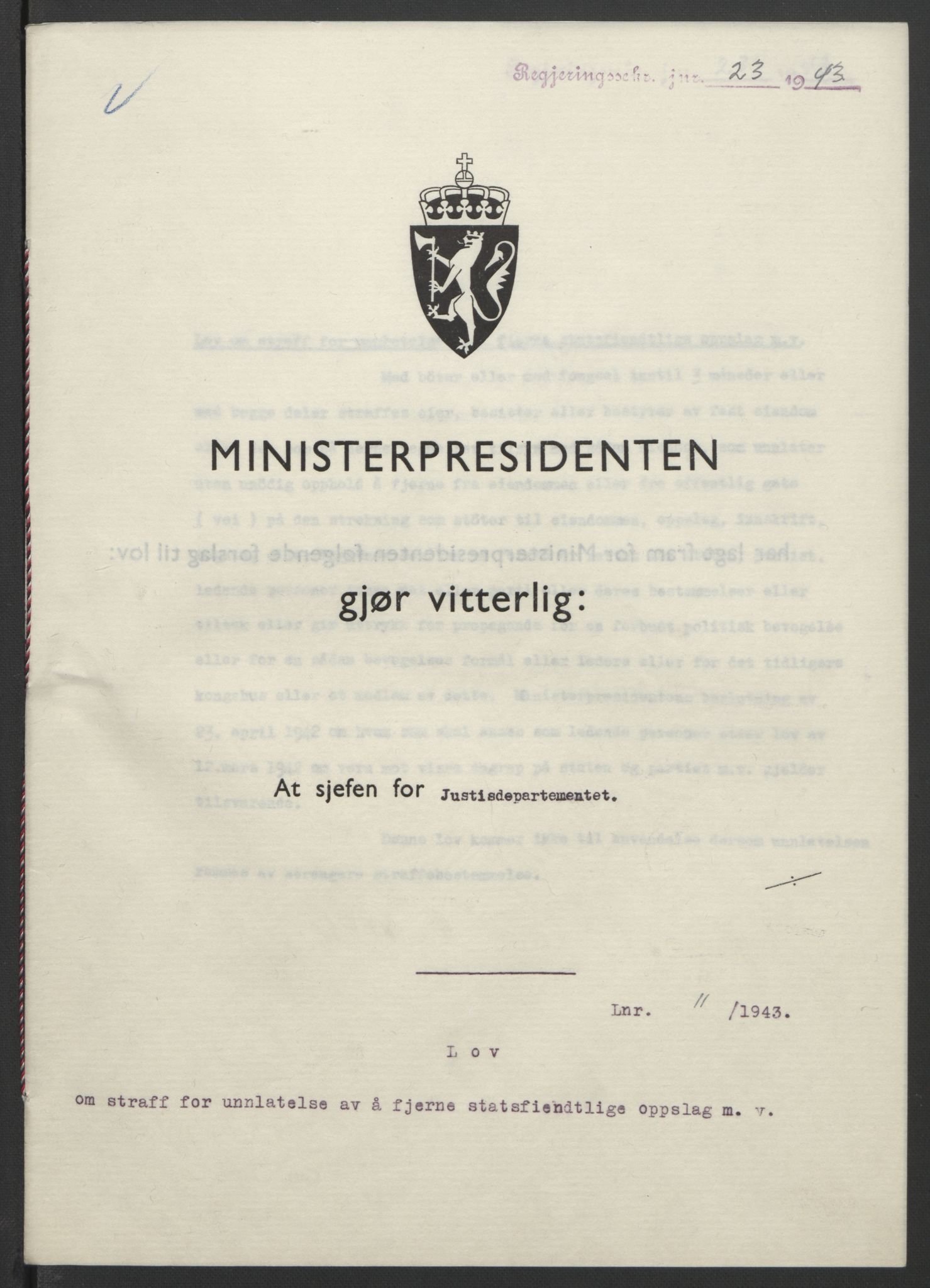 NS-administrasjonen 1940-1945 (Statsrådsekretariatet, de kommisariske statsråder mm), RA/S-4279/D/Db/L0099: Lover, 1943, p. 44