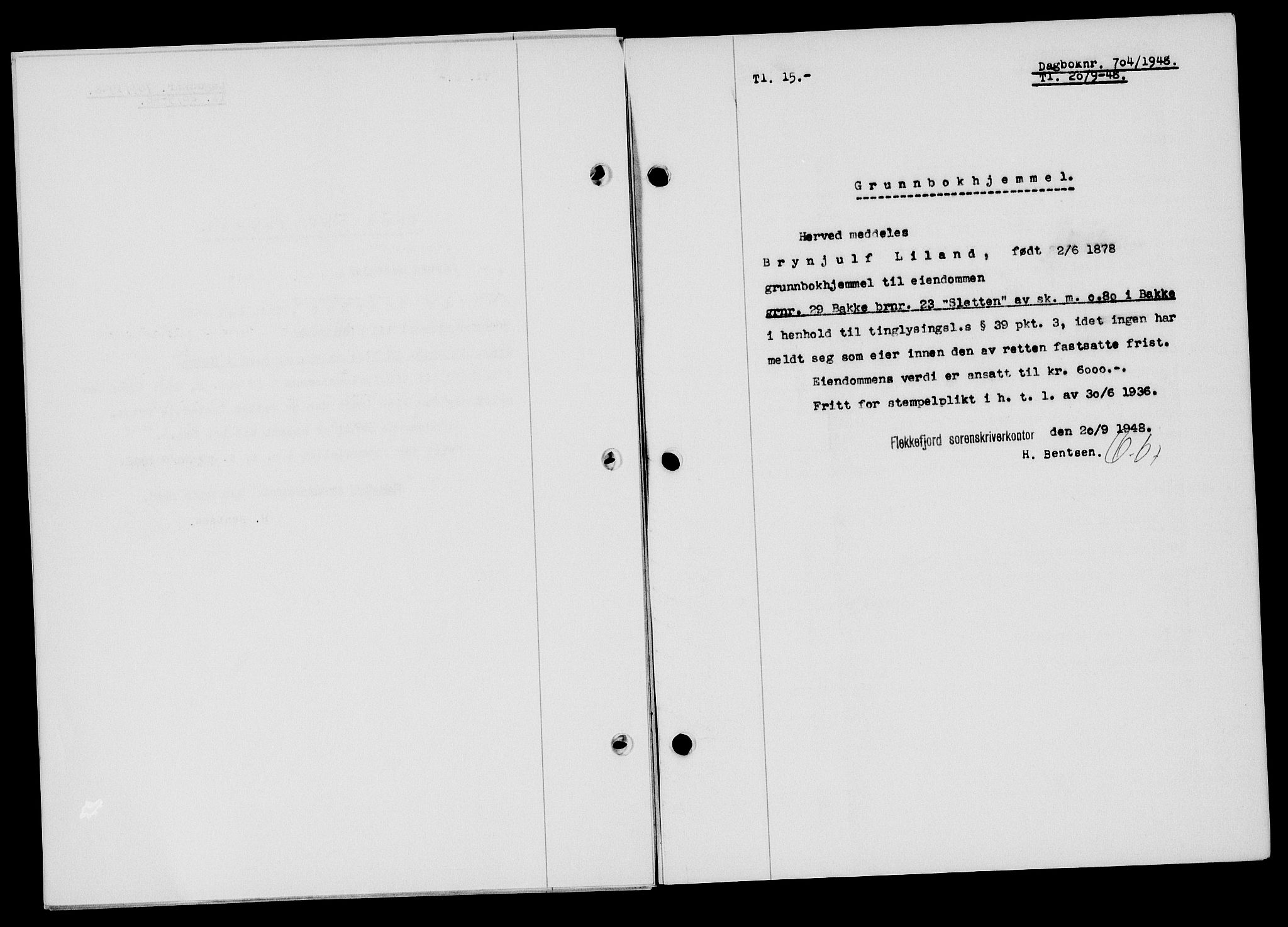 Flekkefjord sorenskriveri, SAK/1221-0001/G/Gb/Gba/L0064: Mortgage book no. A-12, 1948-1949, Diary no: : 704/1948