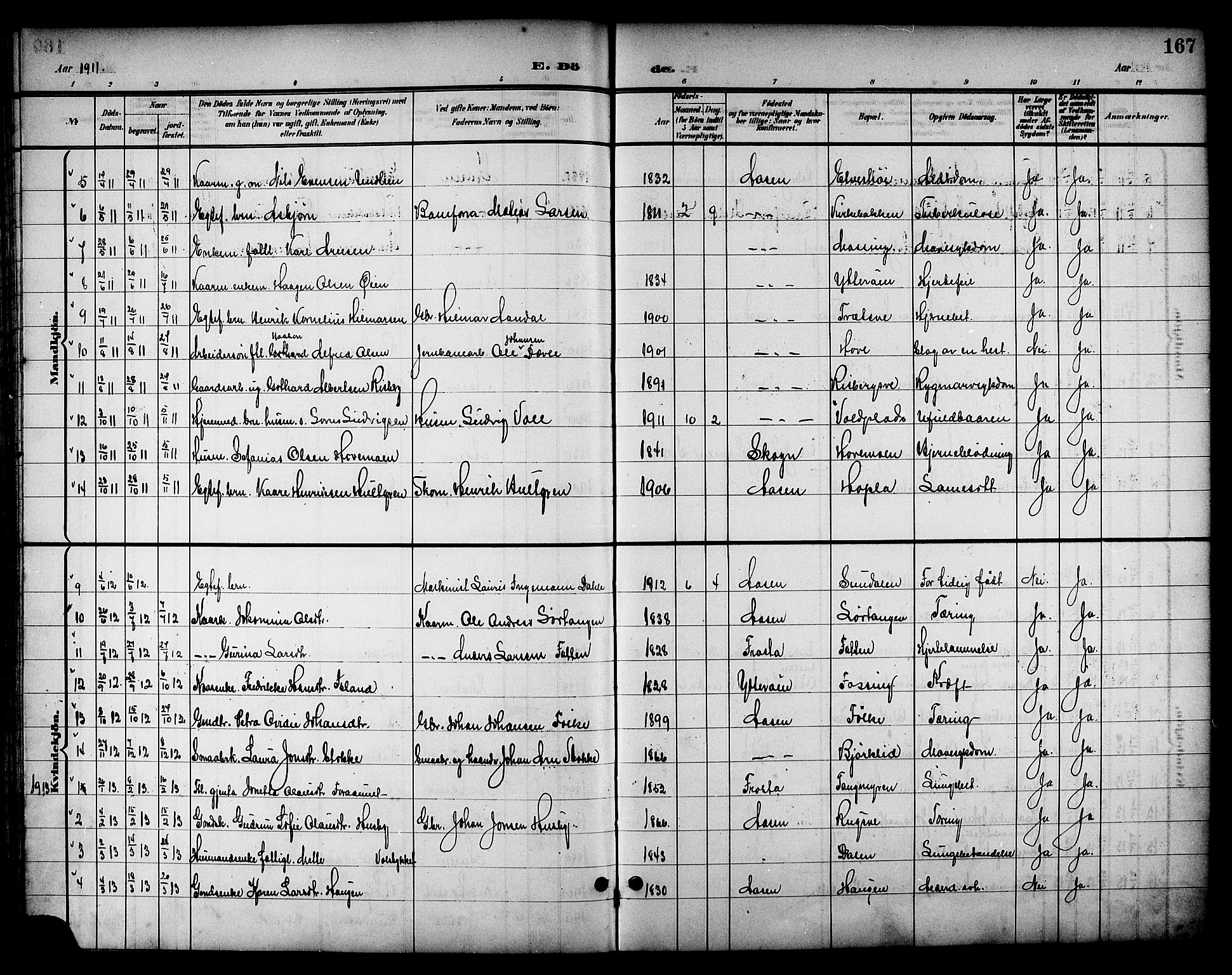 Ministerialprotokoller, klokkerbøker og fødselsregistre - Nord-Trøndelag, SAT/A-1458/714/L0135: Parish register (copy) no. 714C04, 1899-1918, p. 167