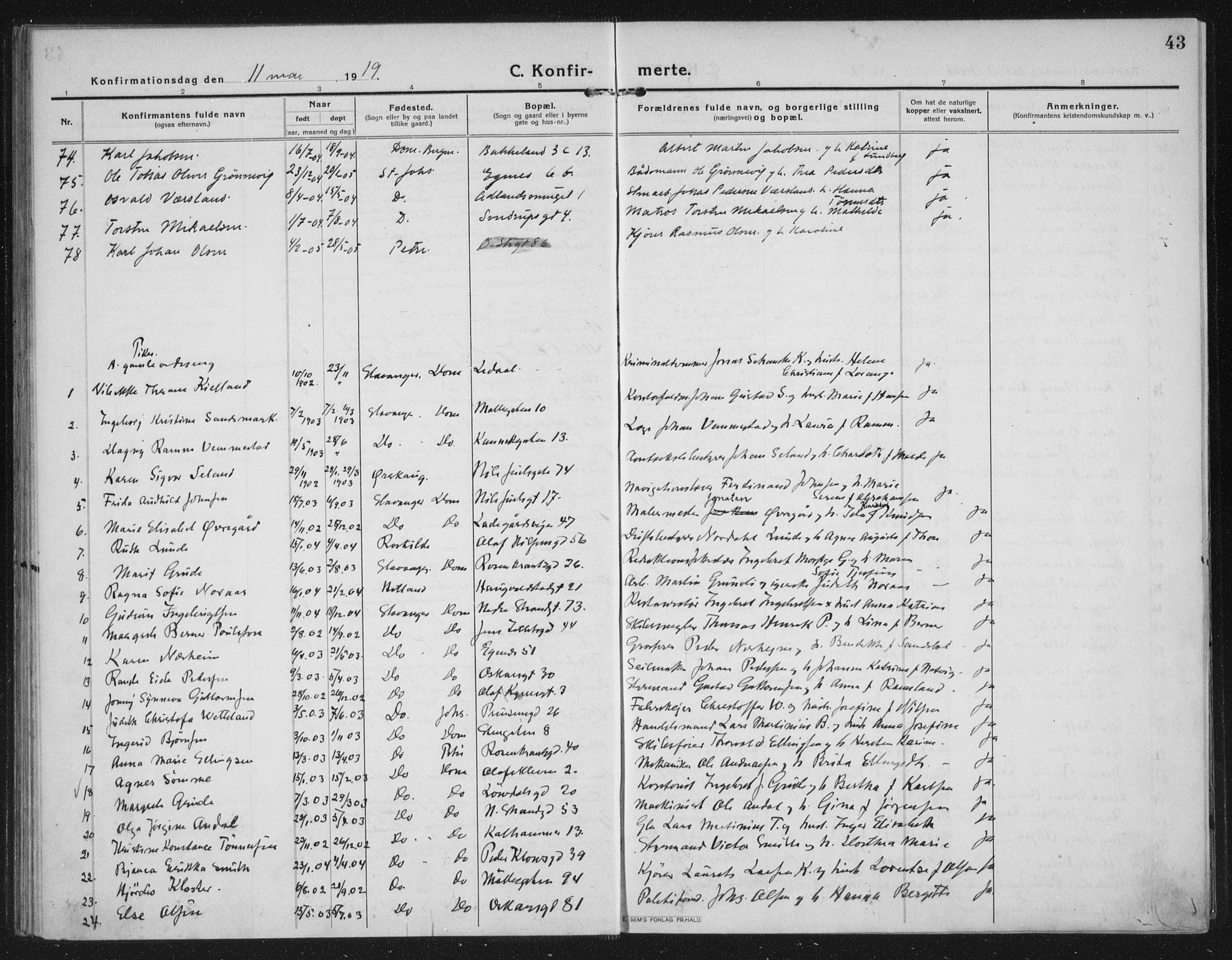 Domkirken sokneprestkontor, AV/SAST-A-101812/002/A/L0019: Parish register (official) no. A 35, 1916-1932, p. 43