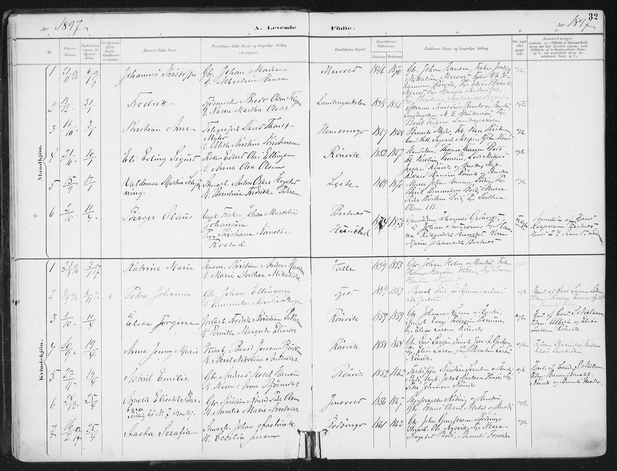 Ministerialprotokoller, klokkerbøker og fødselsregistre - Nordland, SAT/A-1459/802/L0055: Parish register (official) no. 802A02, 1894-1915, p. 32