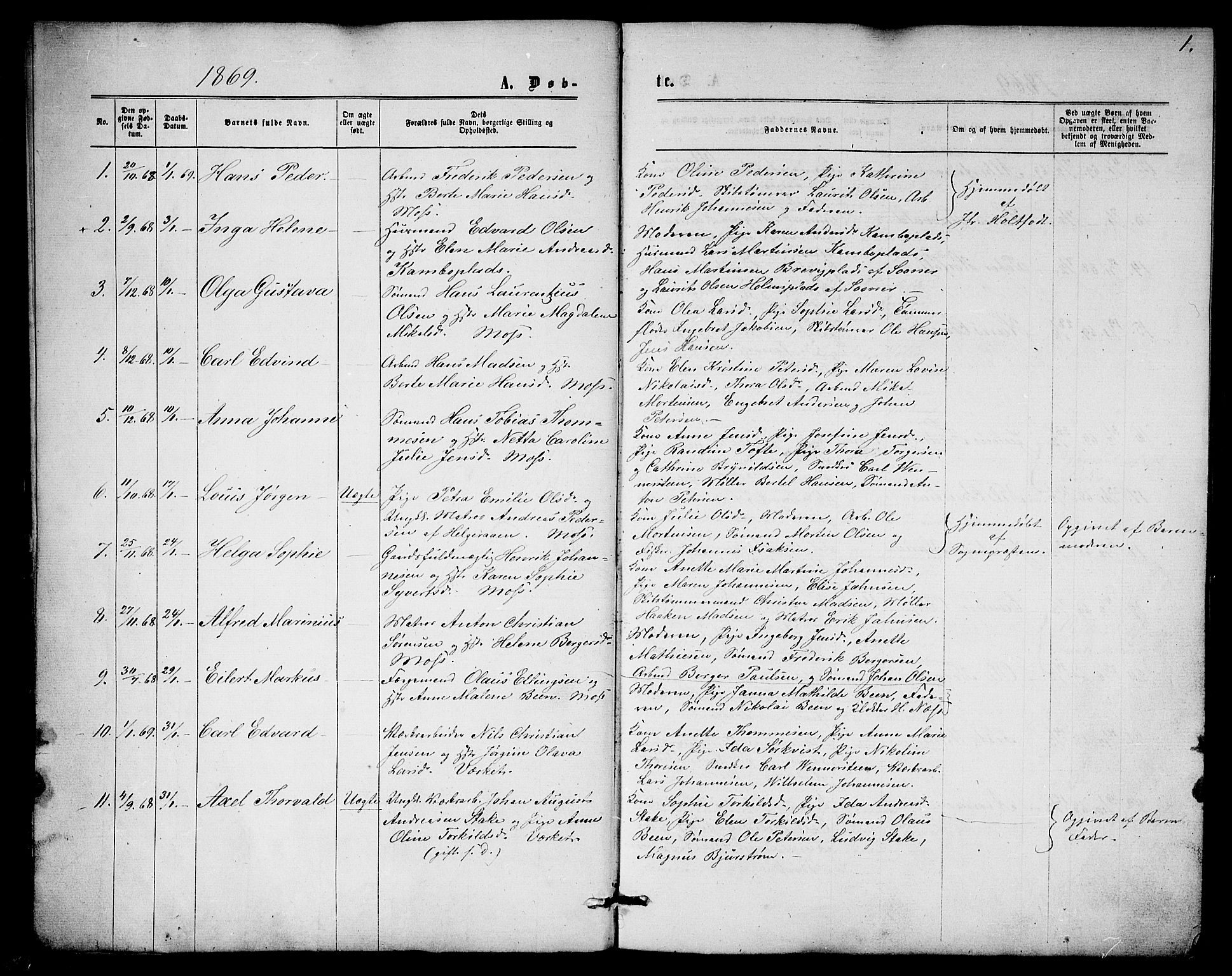 Moss prestekontor Kirkebøker, AV/SAO-A-2003/G/Ga/L0004: Parish register (copy) no.  I 4, 1869-1877, p. 1