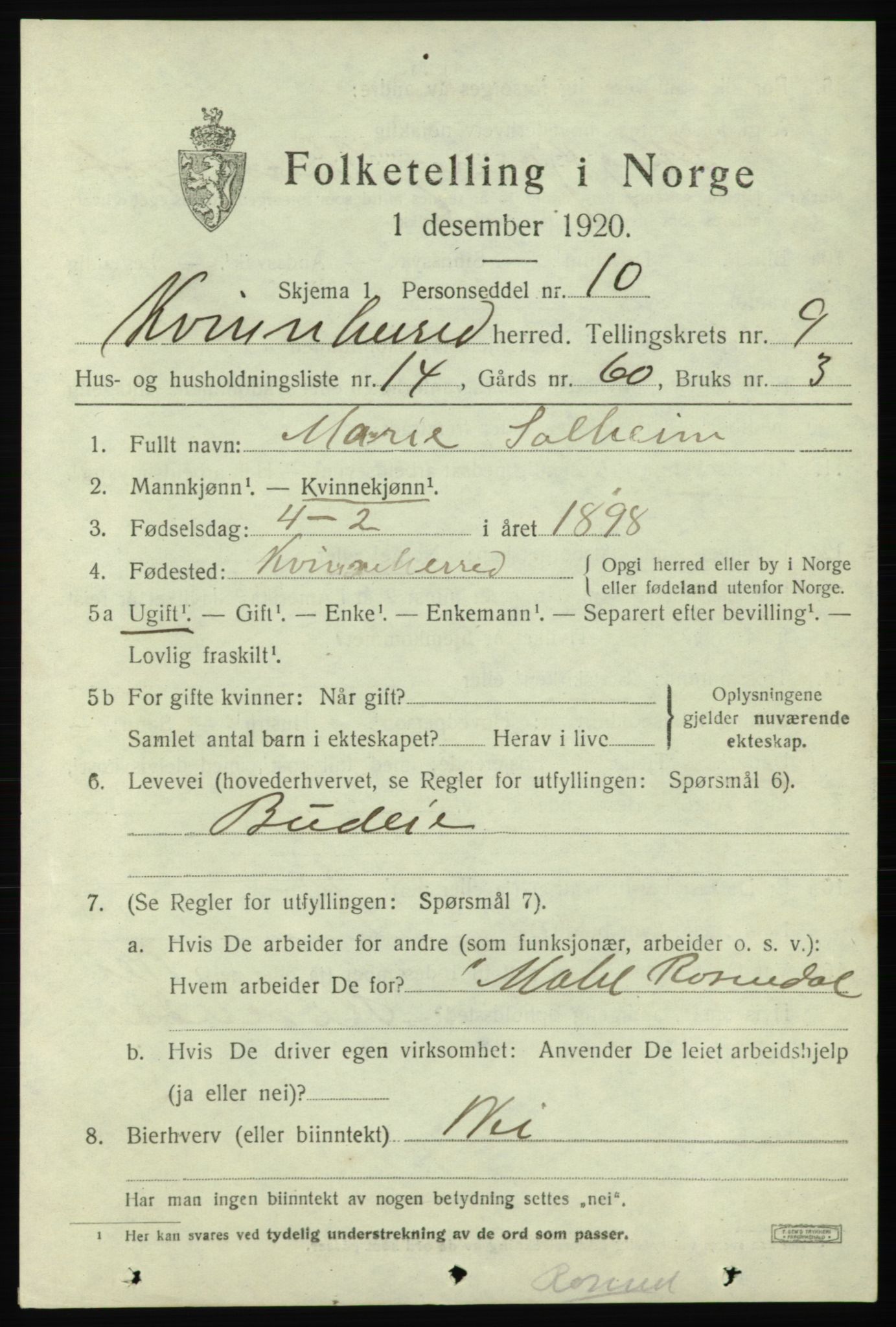 SAB, 1920 census for Kvinnherad, 1920, p. 6894