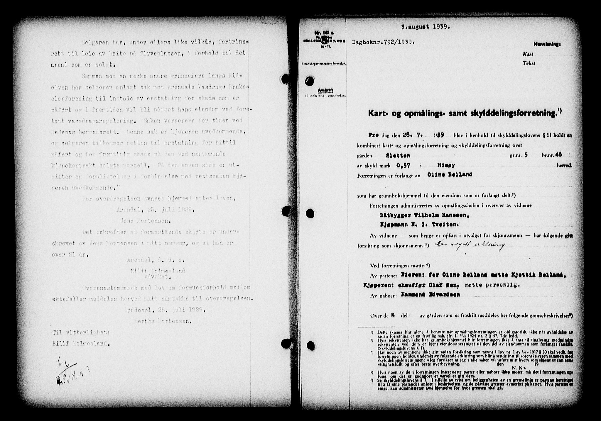 Nedenes sorenskriveri, AV/SAK-1221-0006/G/Gb/Gba/L0047: Mortgage book no. A-I, 1939-1940, Diary no: : 792/1939