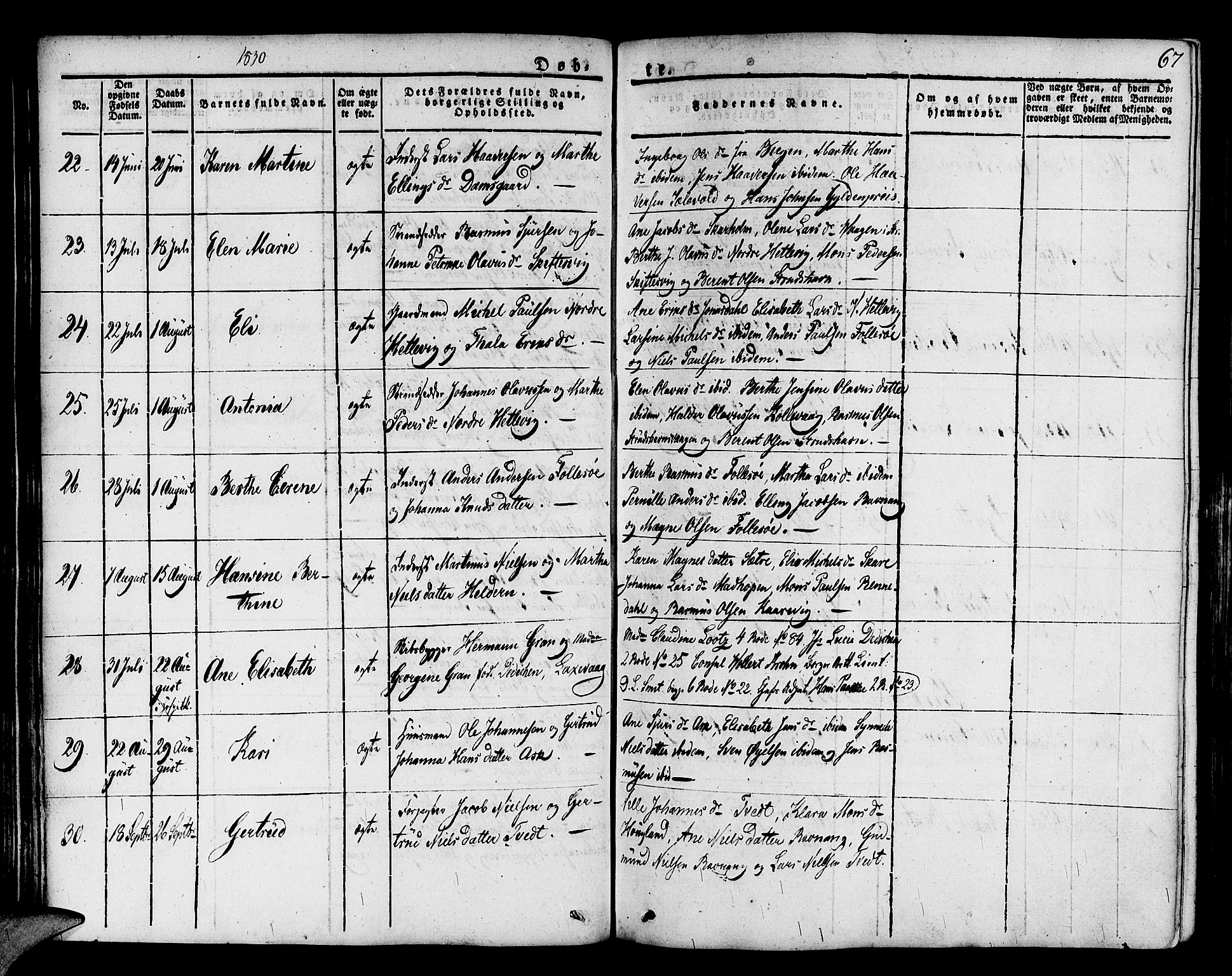 Askøy Sokneprestembete, SAB/A-74101/H/Ha/Haa/Haaa/L0004: Parish register (official) no. A 4, 1825-1845, p. 67