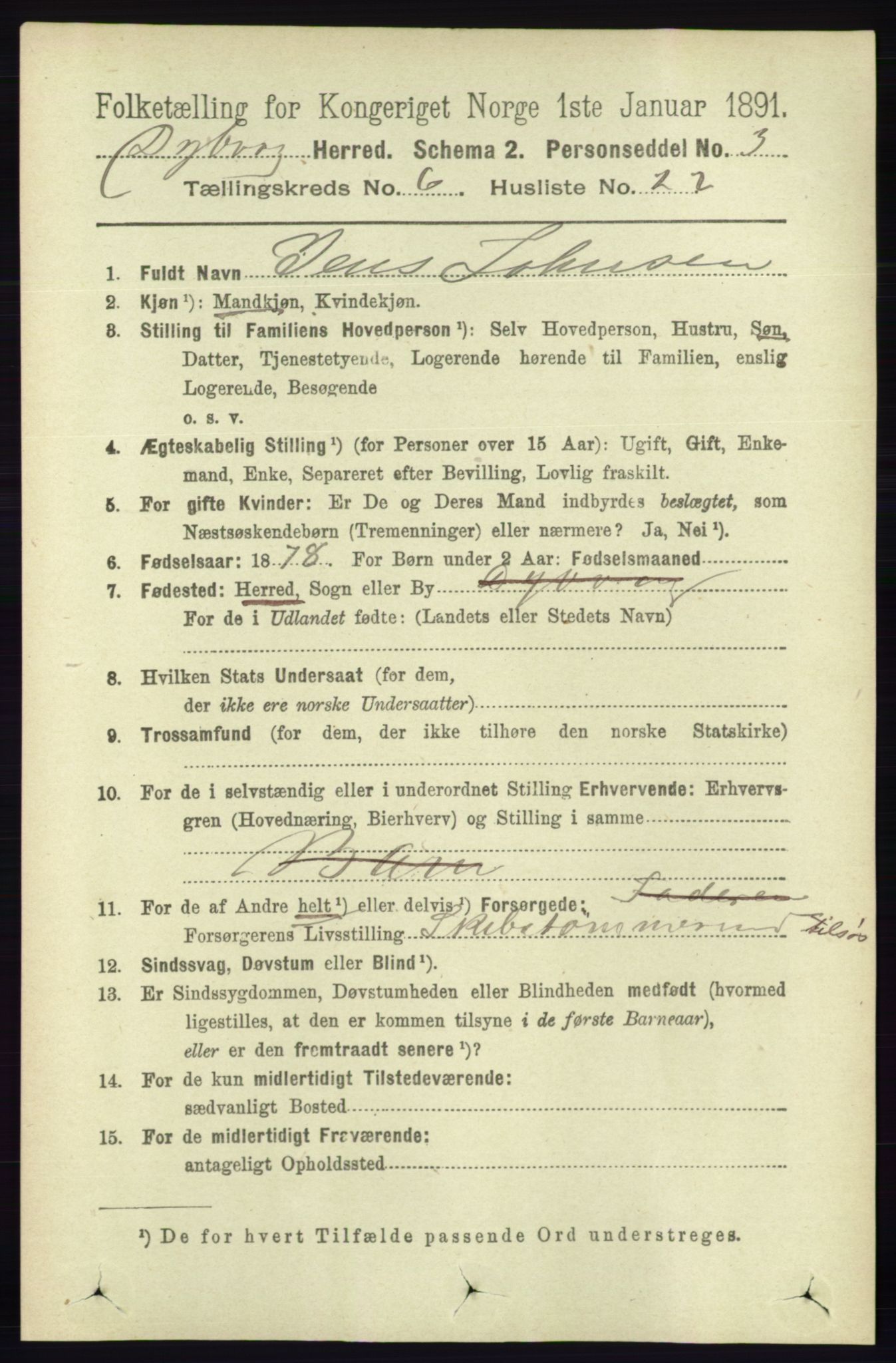 RA, 1891 census for 0915 Dypvåg, 1891, p. 1909