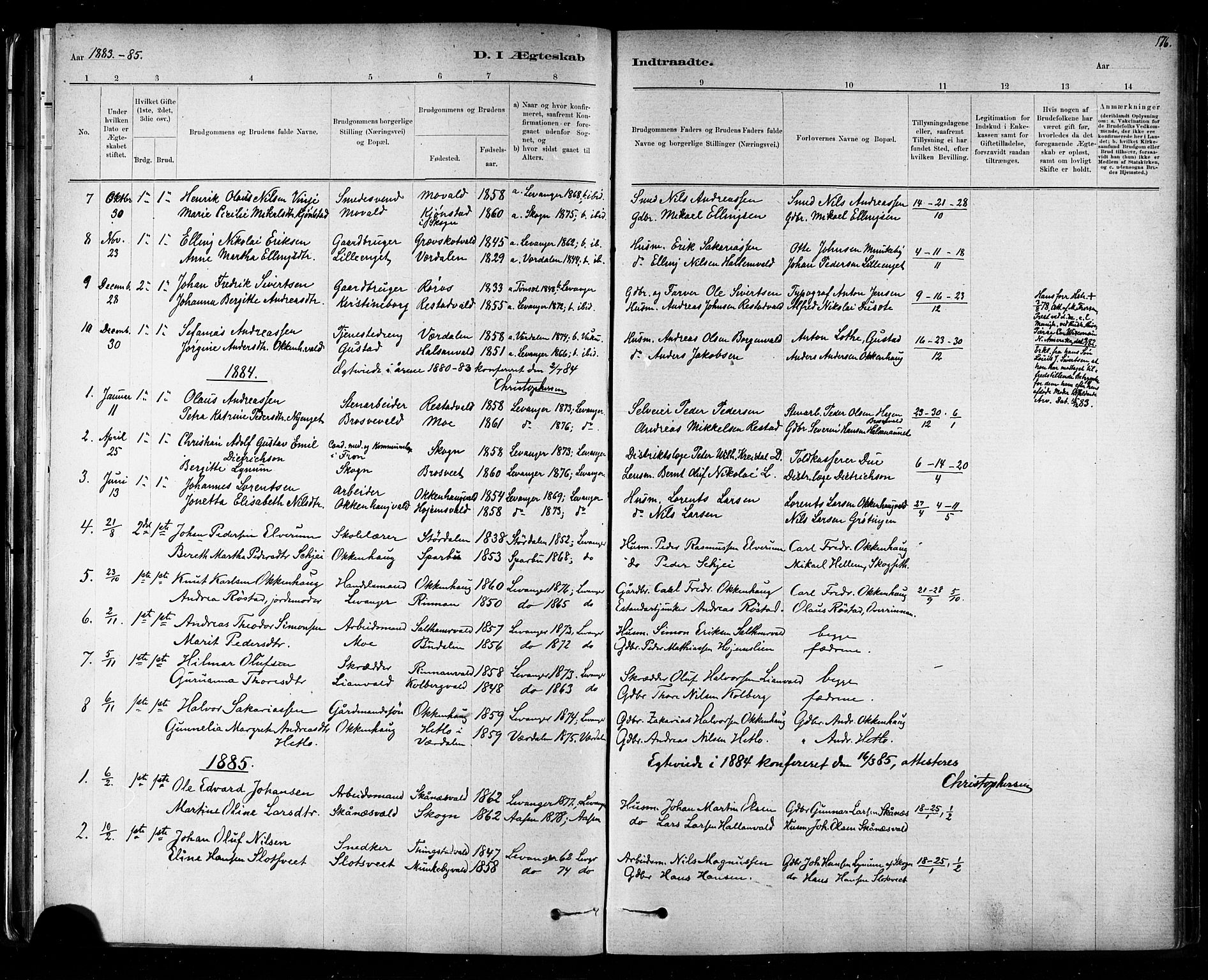 Ministerialprotokoller, klokkerbøker og fødselsregistre - Nord-Trøndelag, AV/SAT-A-1458/721/L0208: Parish register (copy) no. 721C01, 1880-1917, p. 176
