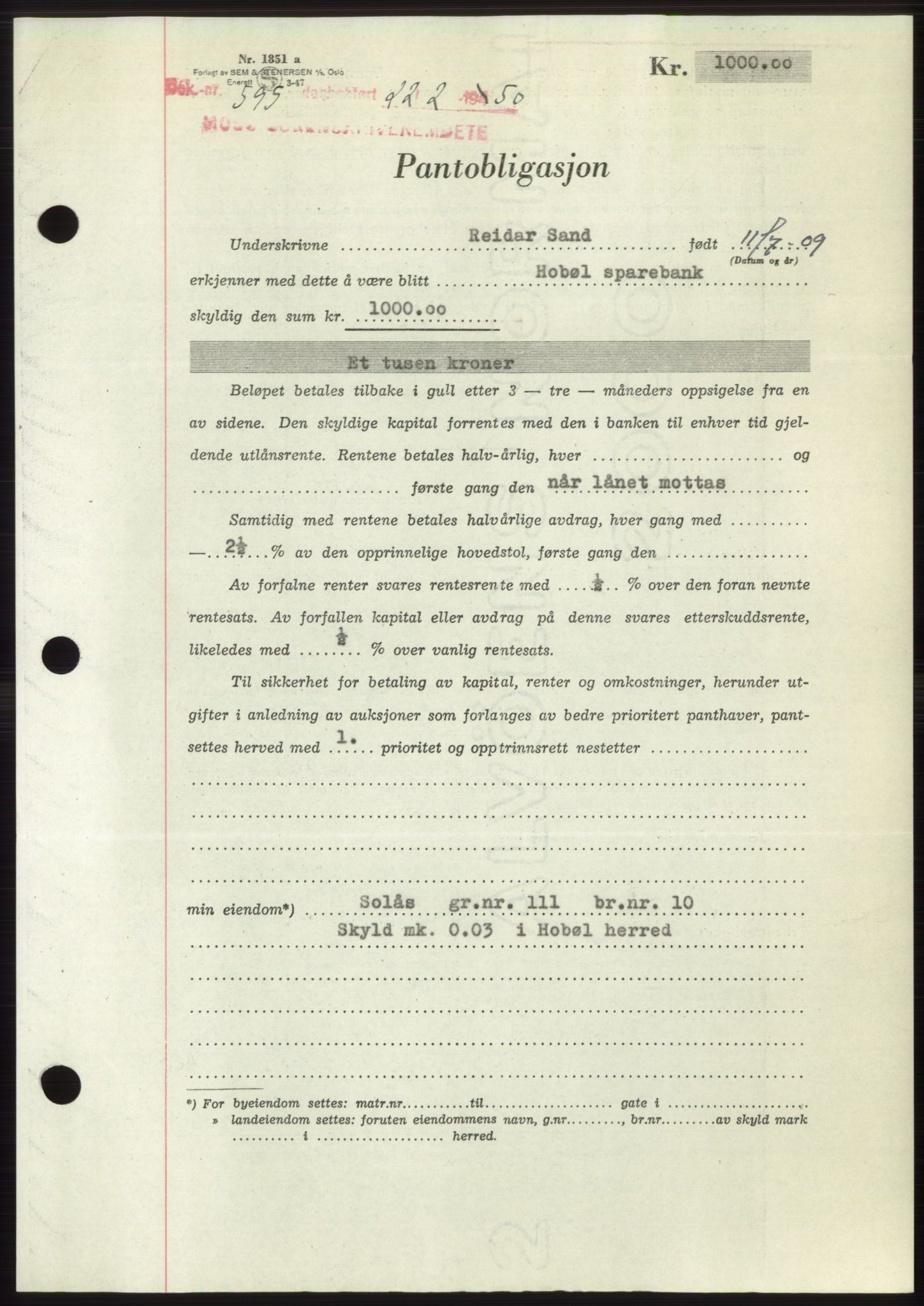 Moss sorenskriveri, SAO/A-10168: Mortgage book no. B23, 1949-1950, Diary no: : 595/1950