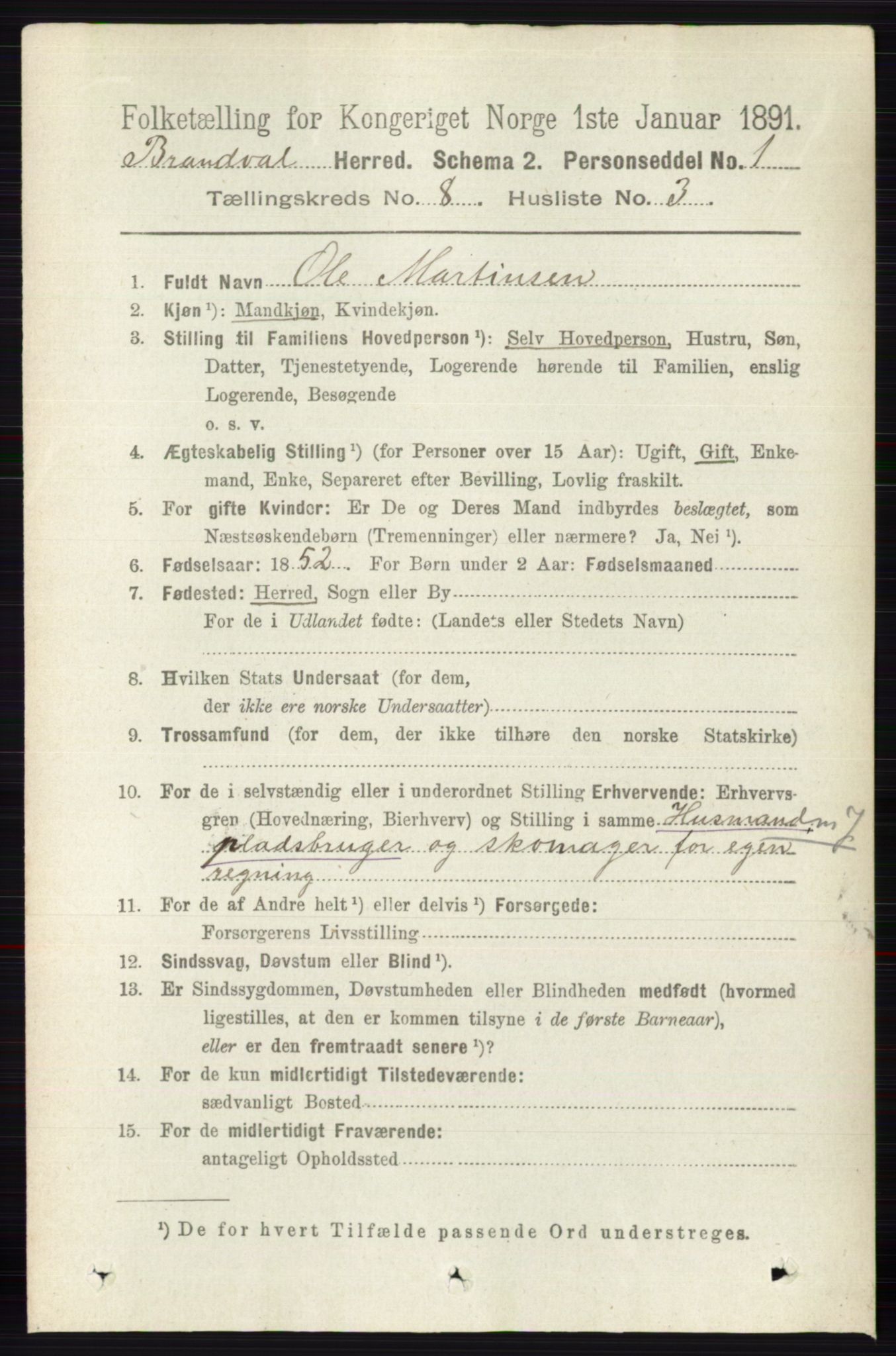 RA, 1891 census for 0422 Brandval, 1891, p. 3843