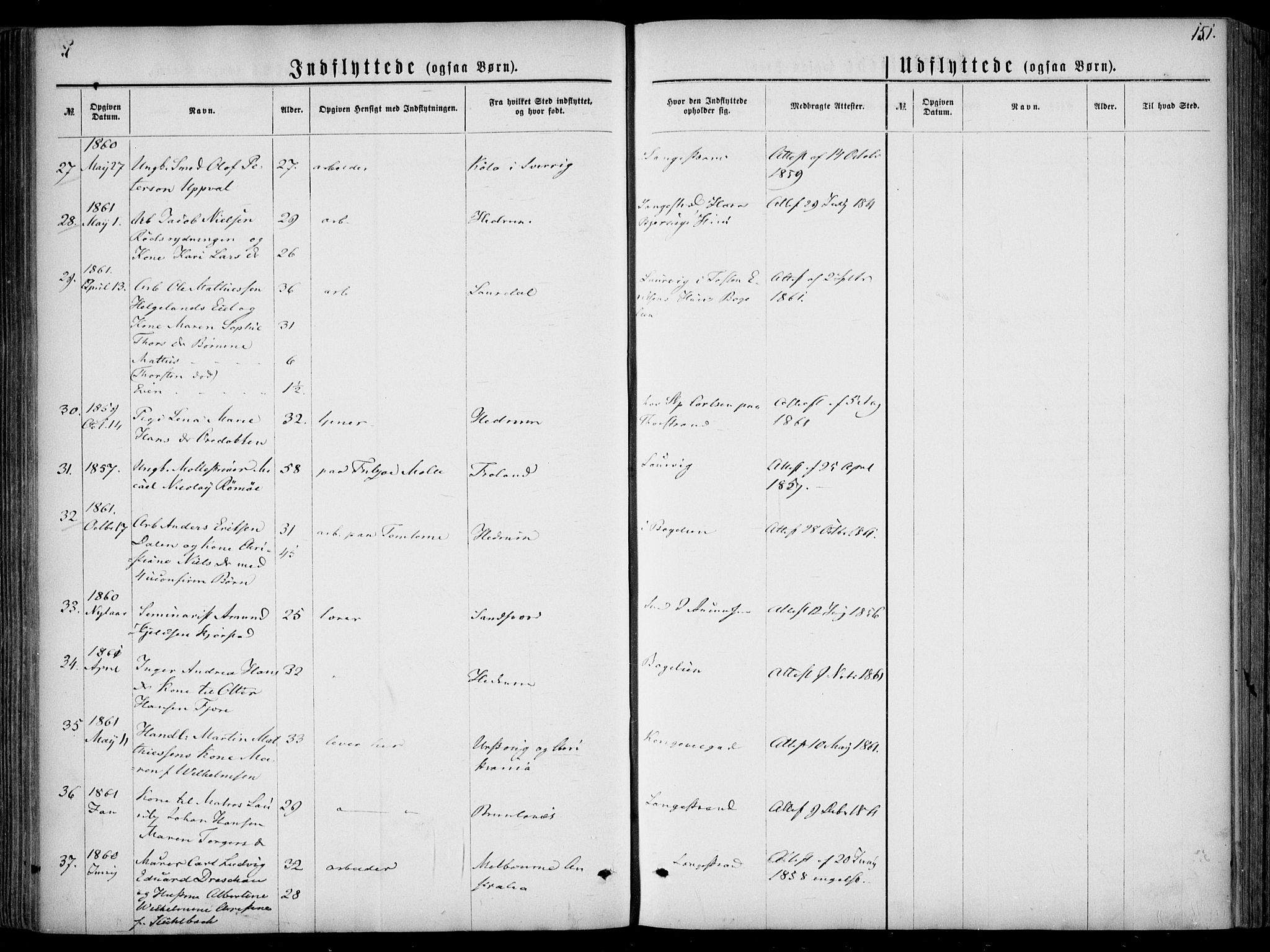 Larvik kirkebøker, SAKO/A-352/F/Fa/L0005: Parish register (official) no. I 5, 1856-1870, p. 151