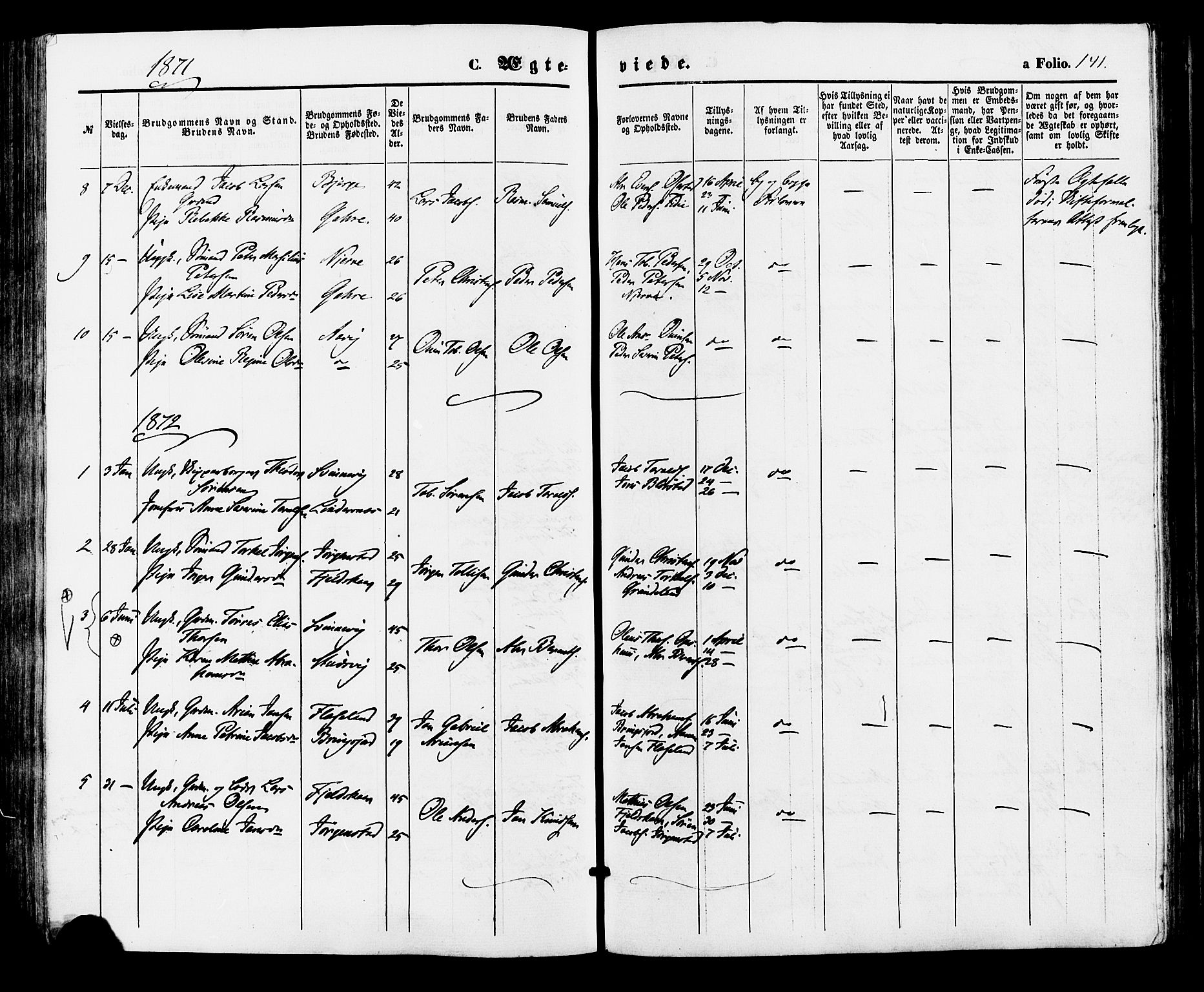 Sør-Audnedal sokneprestkontor, AV/SAK-1111-0039/F/Fa/Faa/L0003: Parish register (official) no. A 3, 1868-1883, p. 141