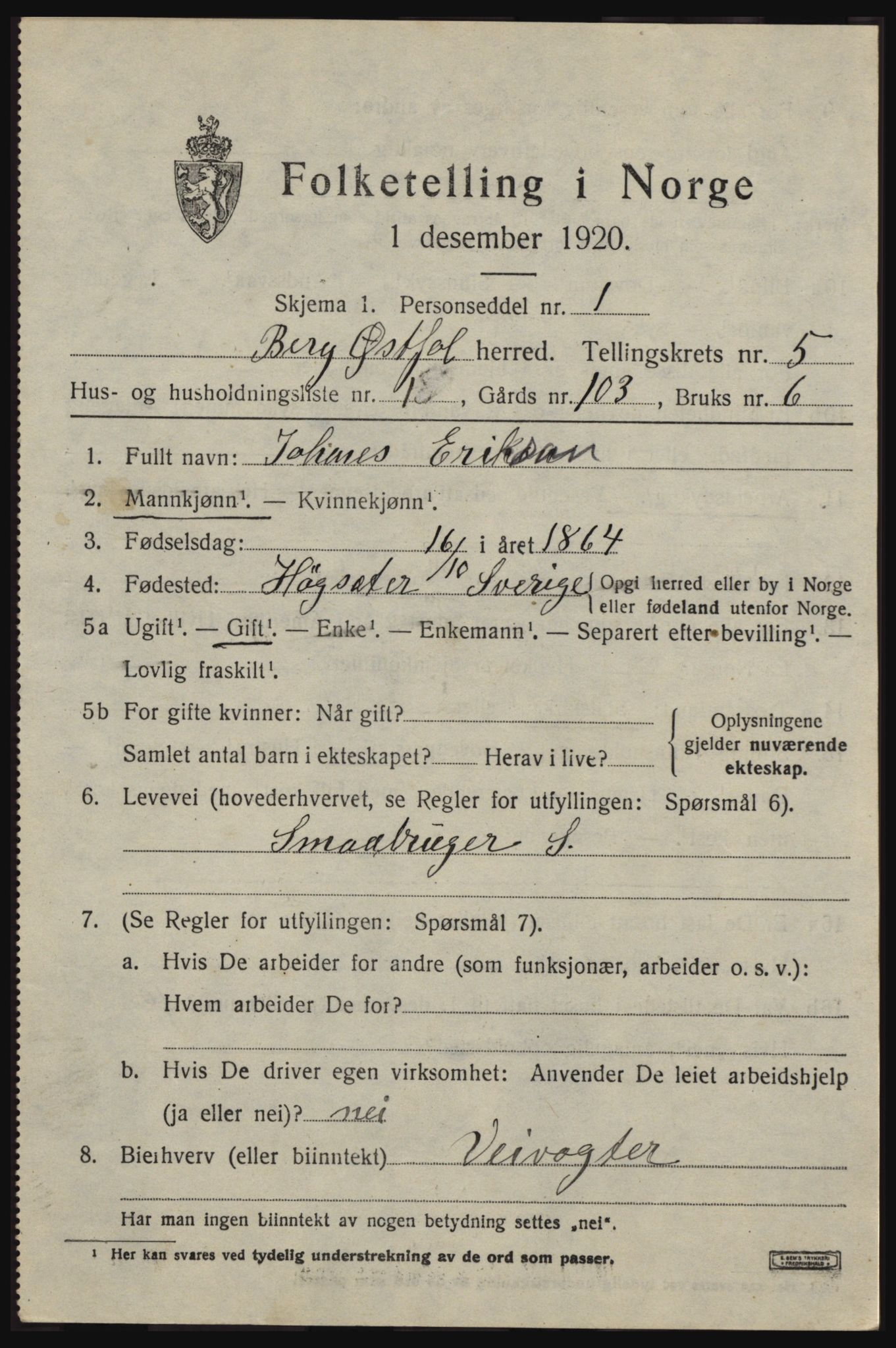 SAO, 1920 census for Berg, 1920, p. 9231